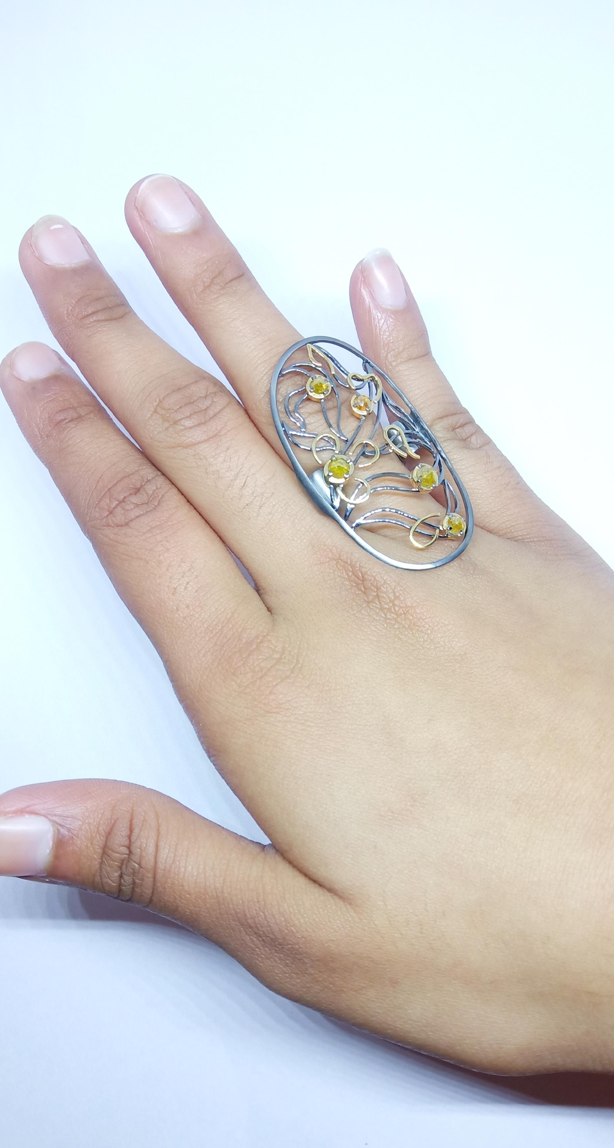 Contemporary Yellow Rosecut Diamond 18 Karat Black Gold Fashion Ring For Sale 5
