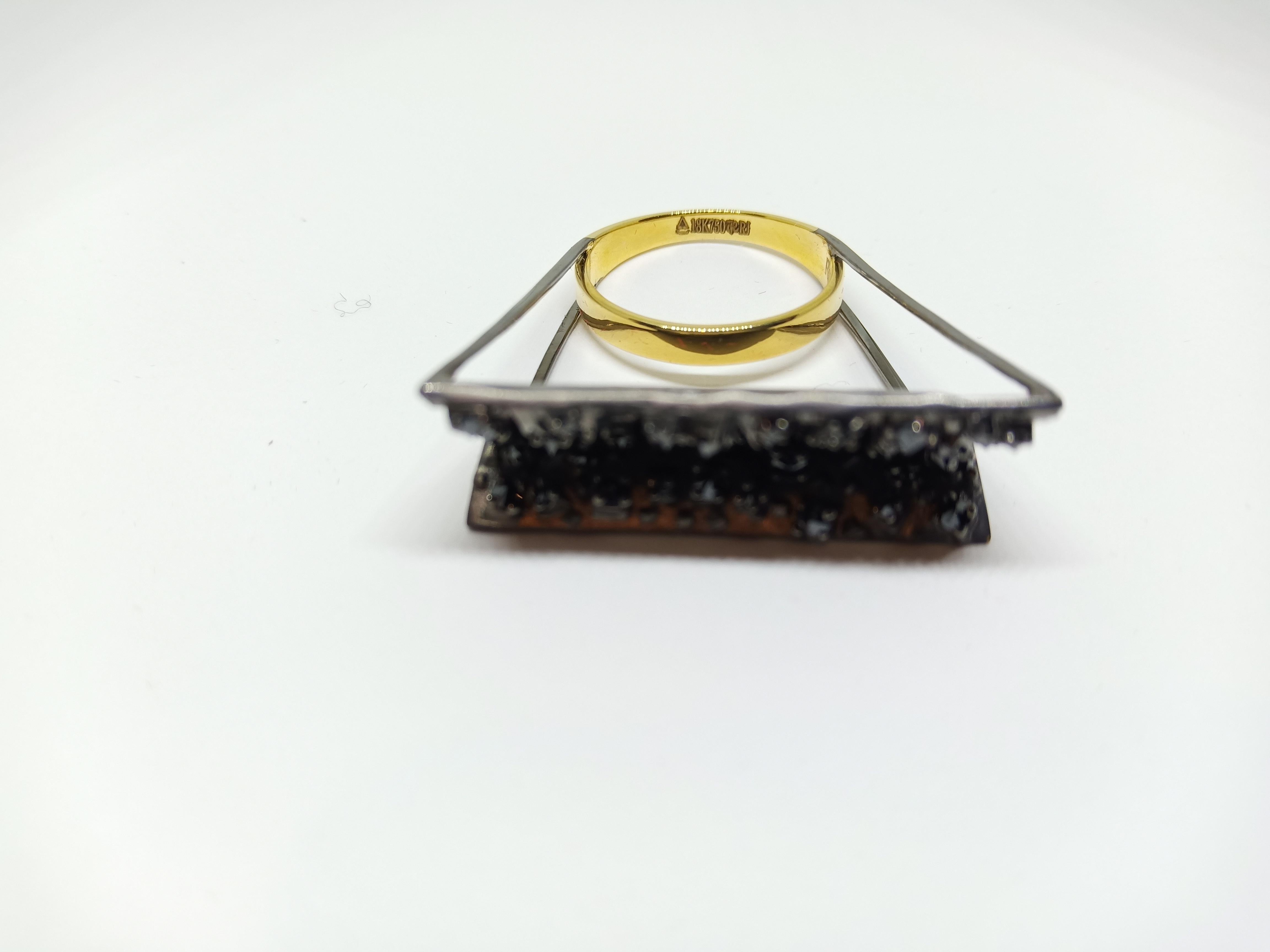Round Black Diamond One of a Kind 18 Karat Yellow Black Gold Ring For Sale 3