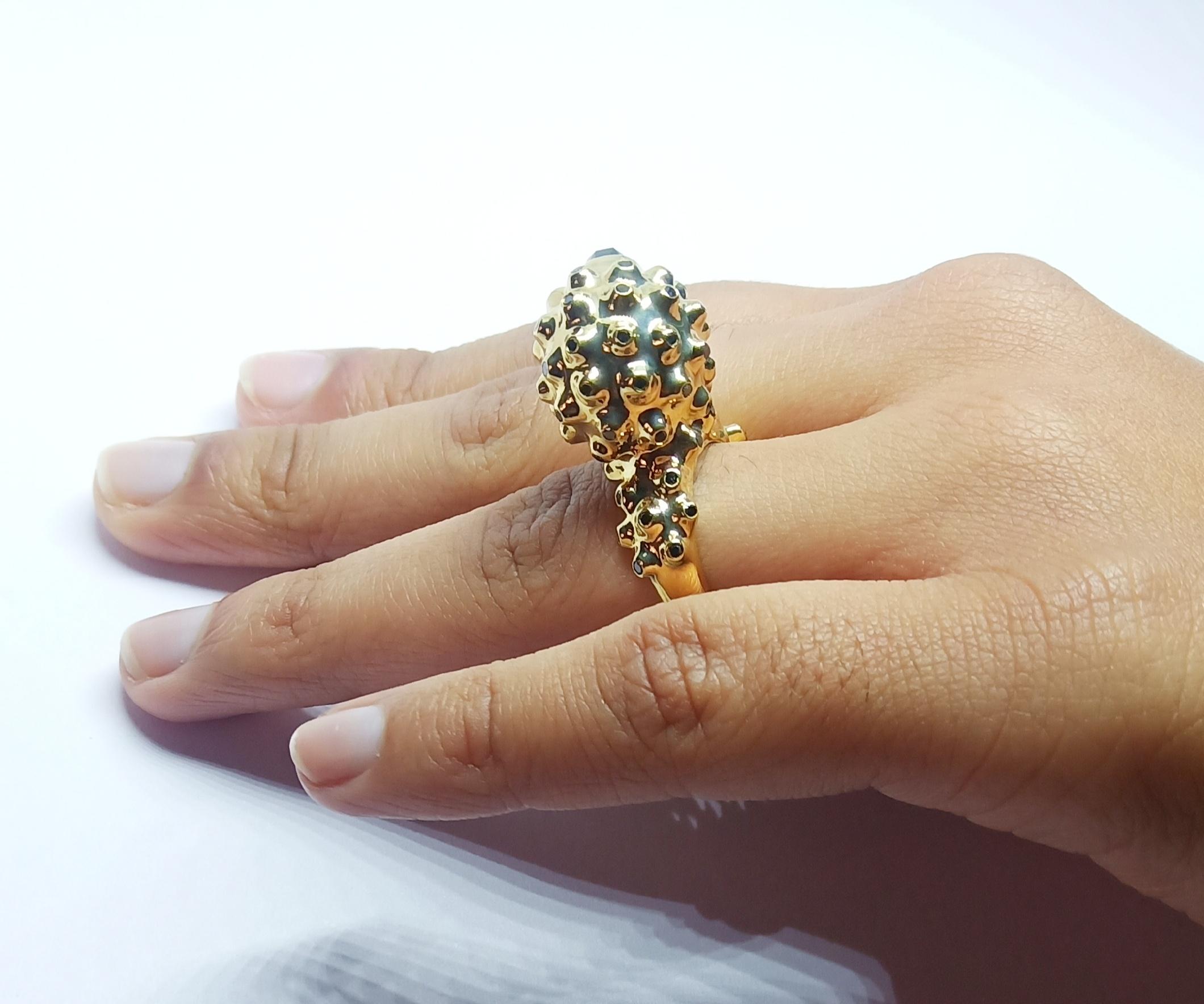 One of a Kind Round Black Diamond  18 Karat Yellow Gold Dome Ring For Sale 5