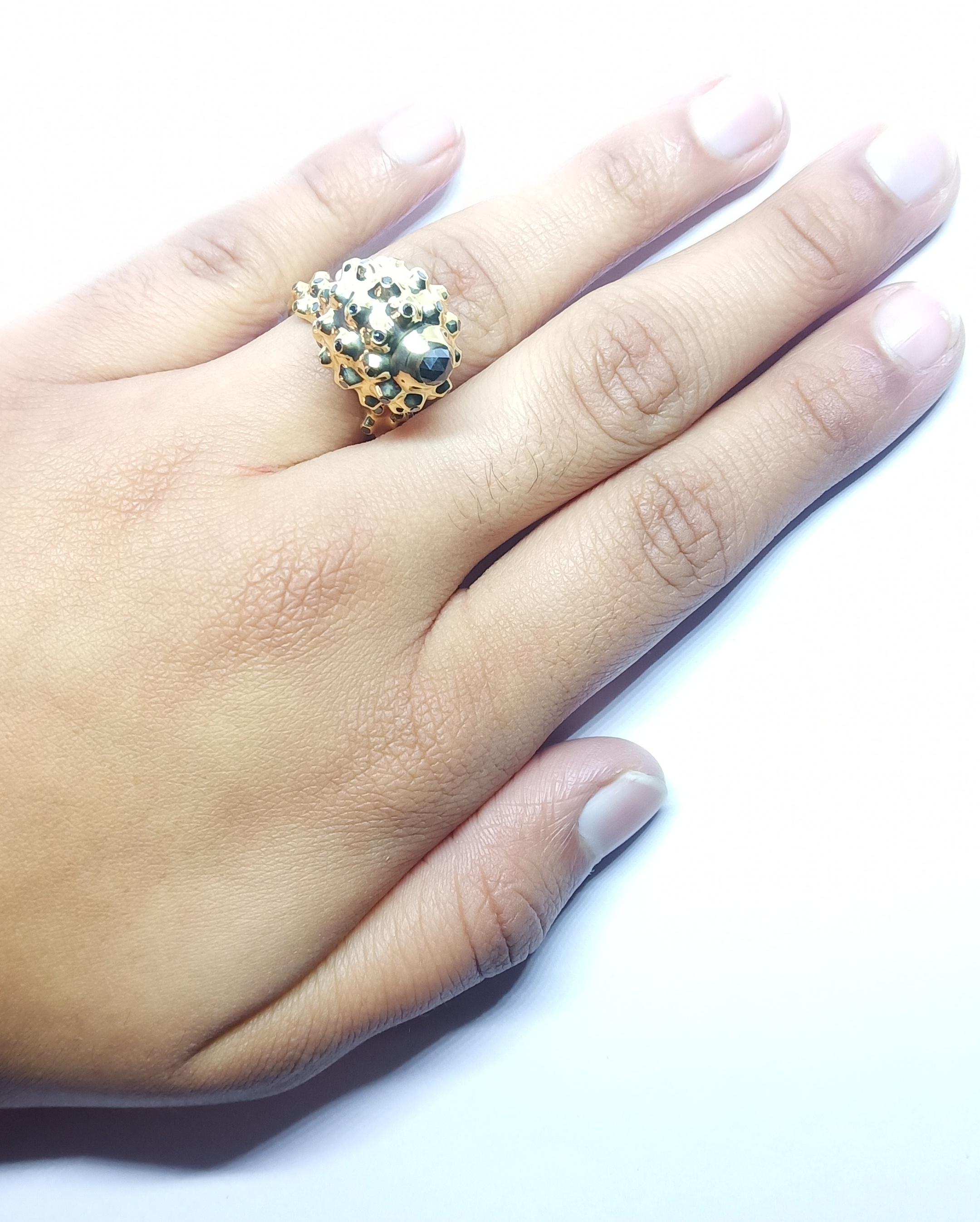 One of a Kind Round Black Diamond  18 Karat Yellow Gold Dome Ring For Sale 7