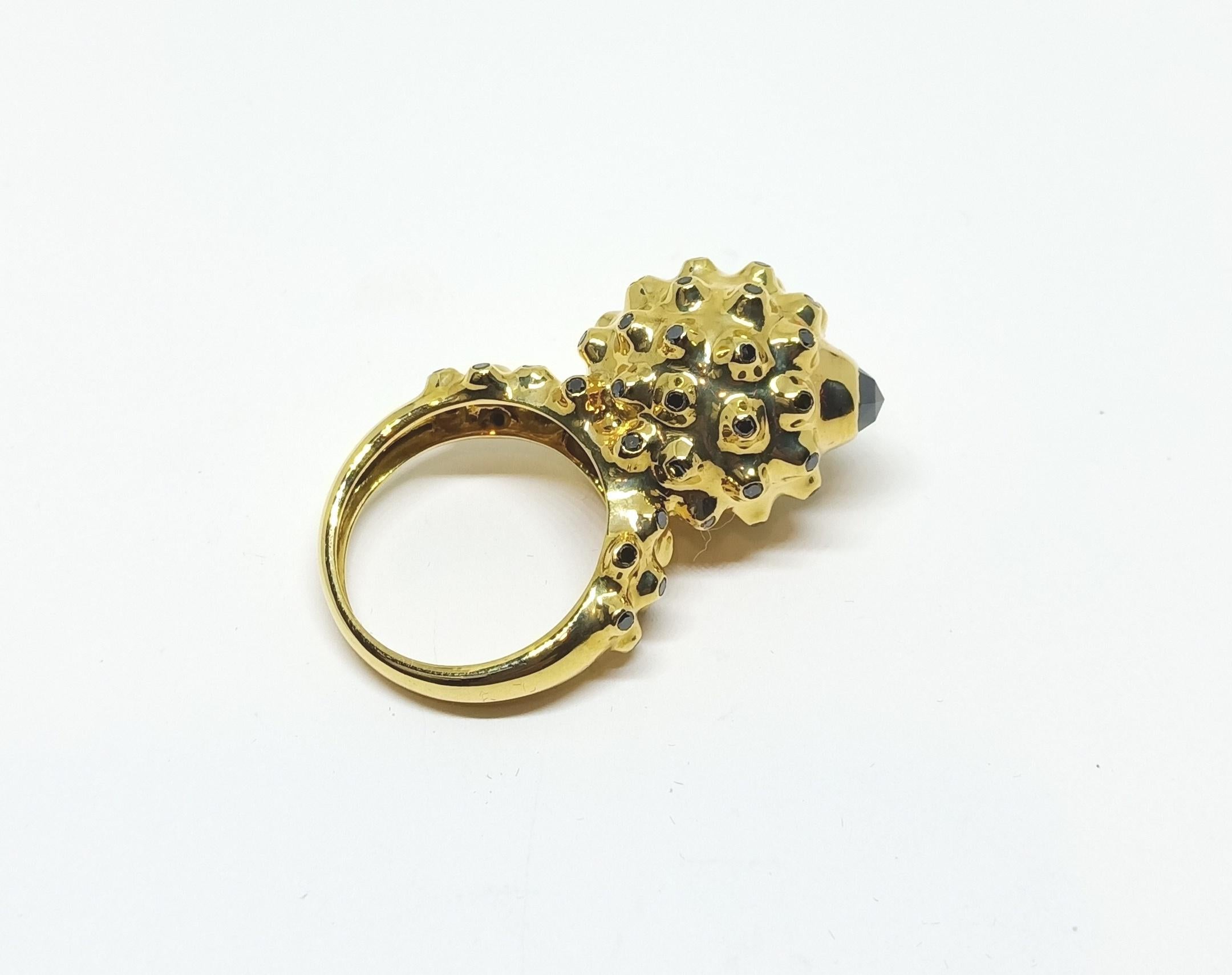 Contemporary One of a Kind Round Black Diamond  18 Karat Yellow Gold Dome Ring For Sale