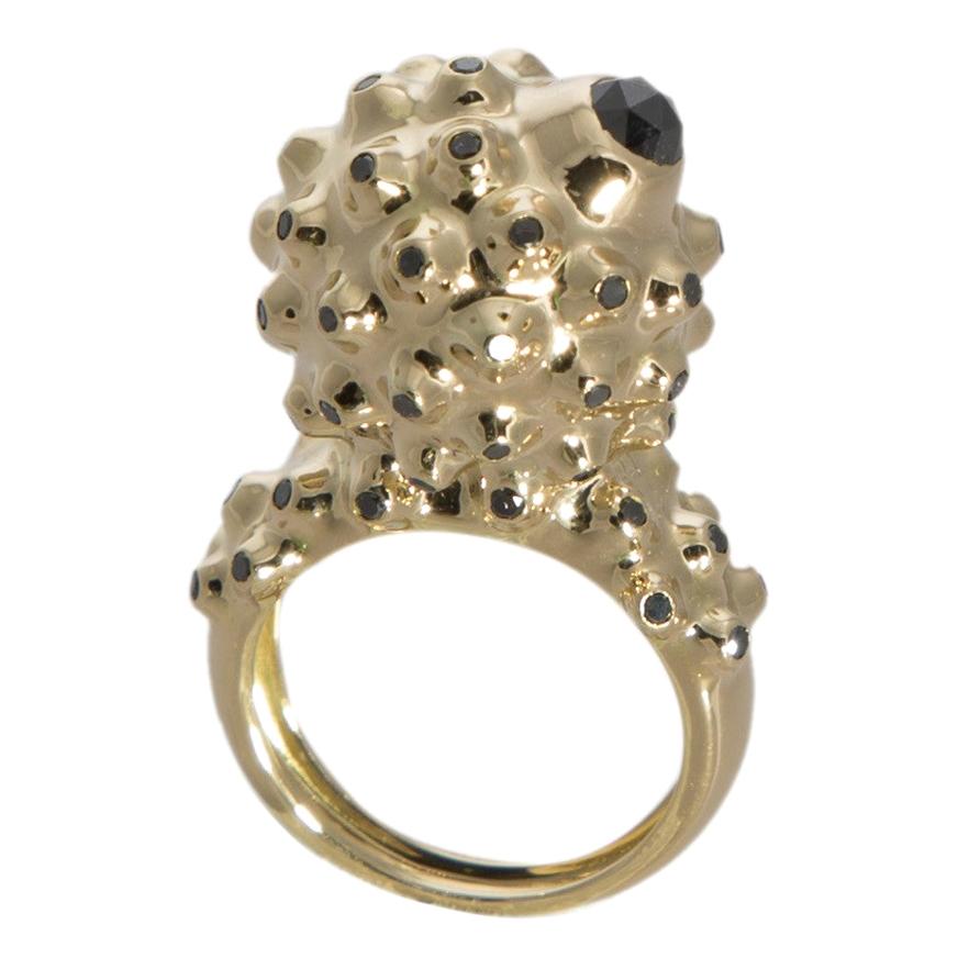 One of a Kind Round Black Diamond  18 Karat Yellow Gold Dome Ring For Sale