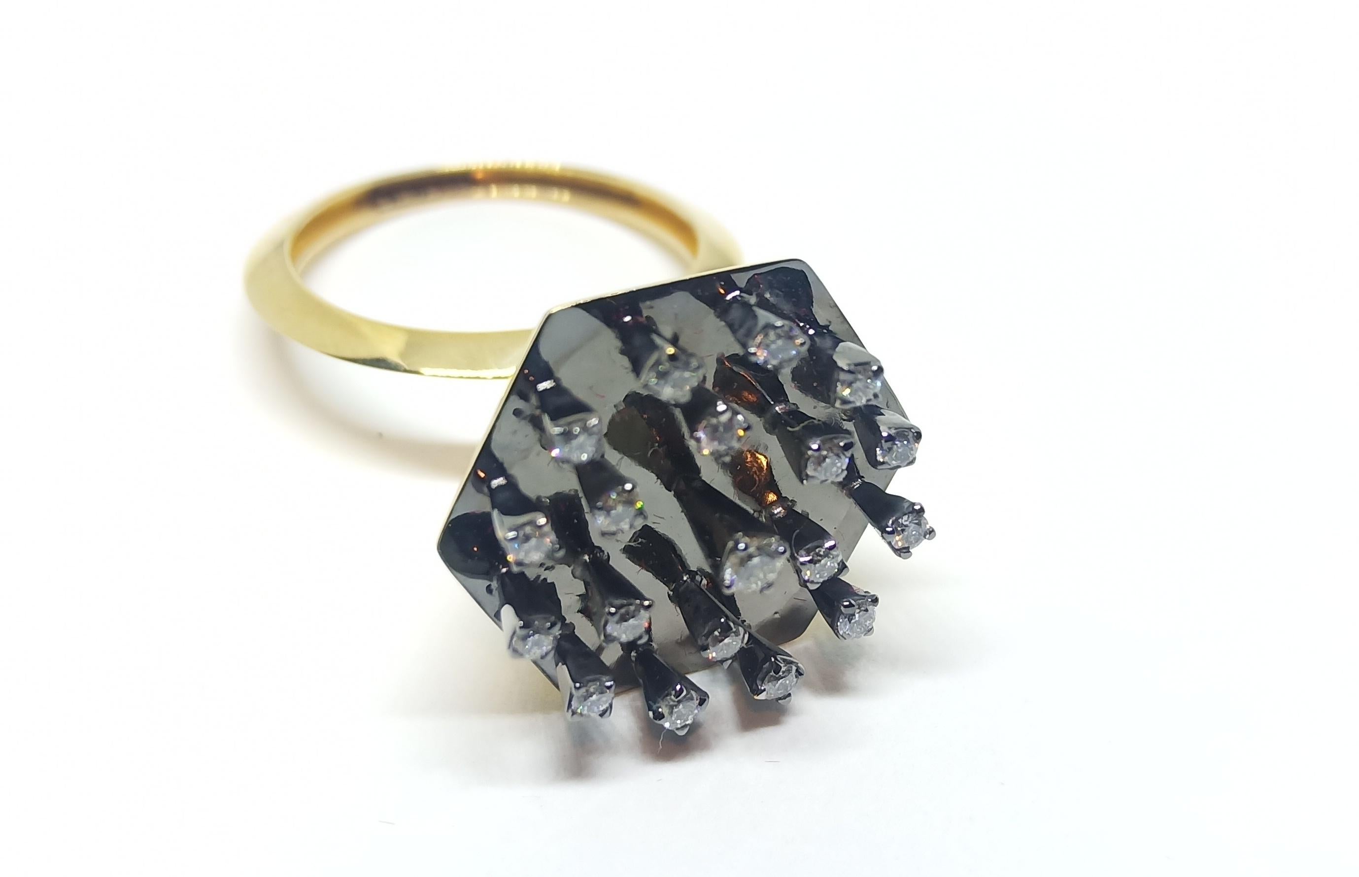 Rohit visualises his creations as ‘None of a Kind’, immensely detailed and meant for the select patrons of Art.
This Contemporary One Of a Kind Fashion Ring by Rohit features unique design elements in the shape of collets and the triangular shaped