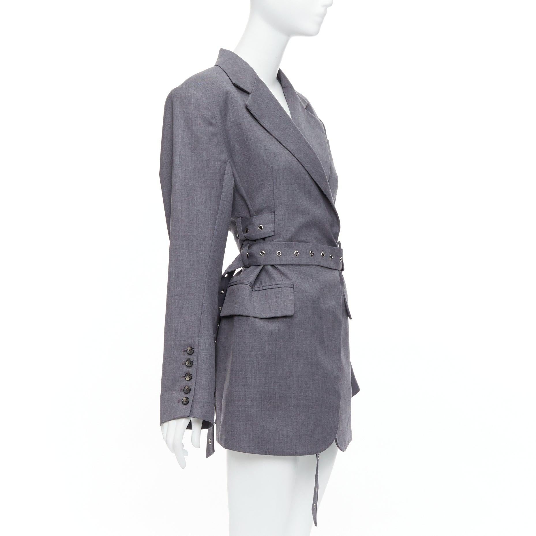 Grigio ROHK blazer grigio in misto lana con grommet e doppia cintura a padiglione FR36 S in vendita
