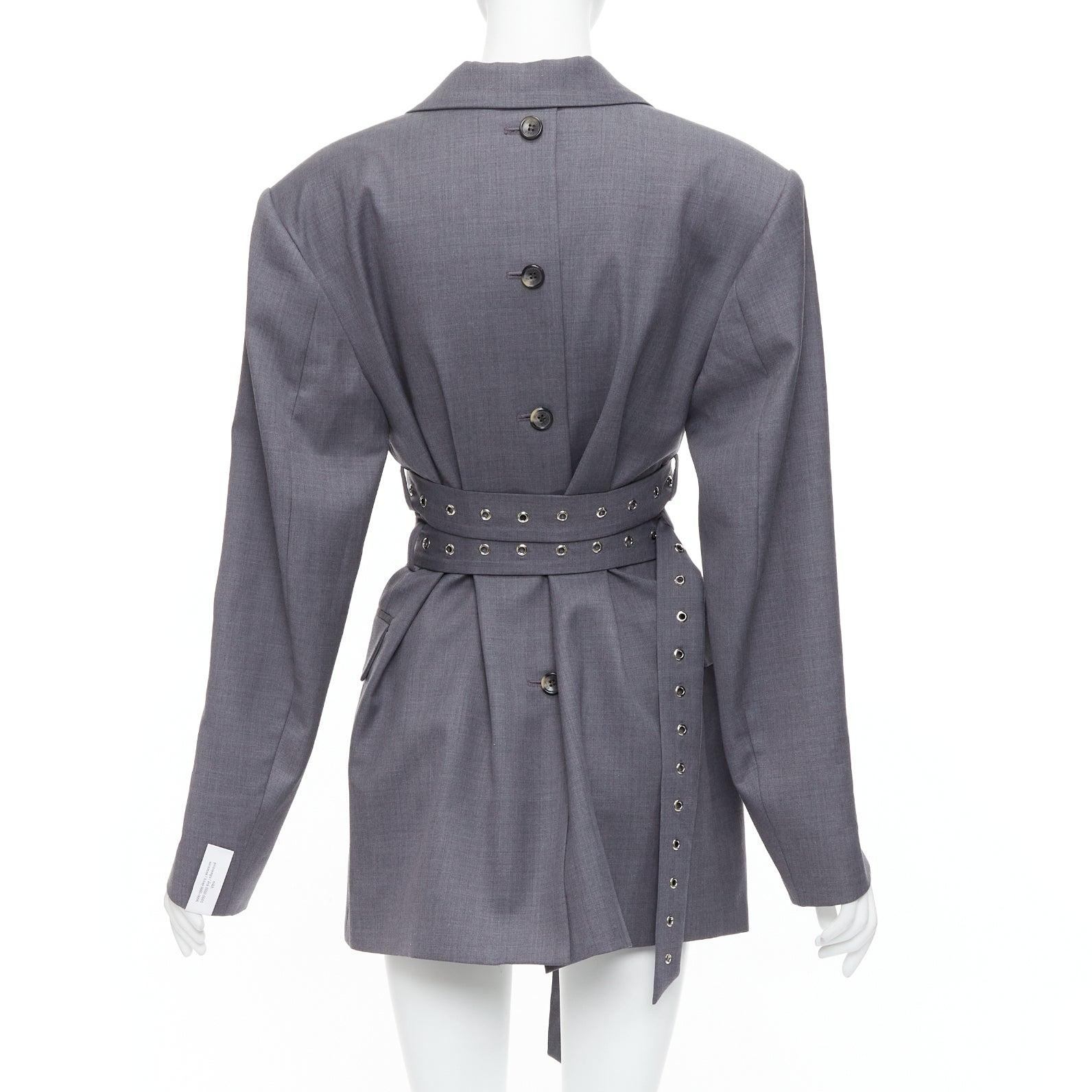 Donna ROHK blazer grigio in misto lana con grommet e doppia cintura a padiglione FR36 S in vendita
