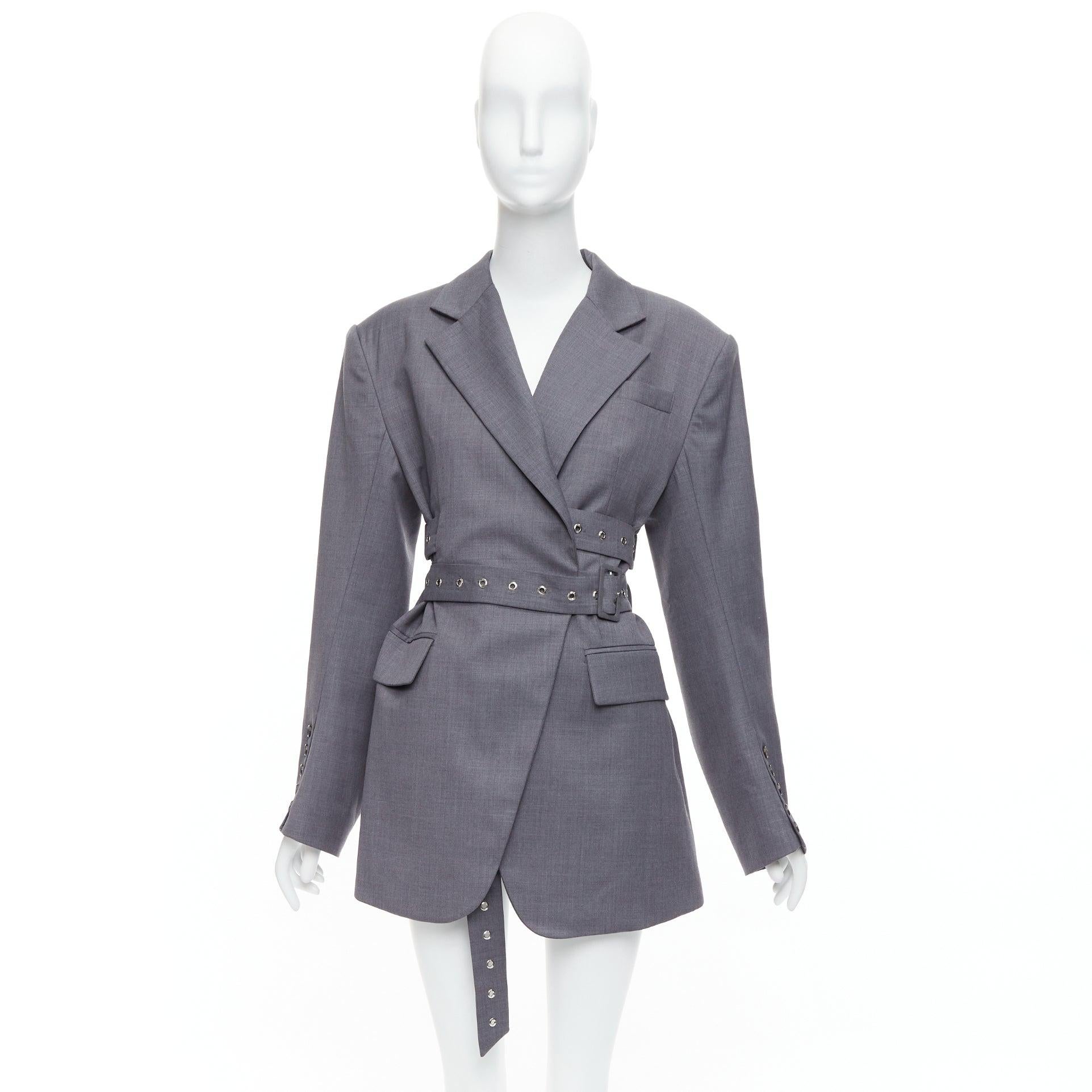 ROHK blazer grigio in misto lana con grommet e doppia cintura a padiglione FR36 S in vendita 4