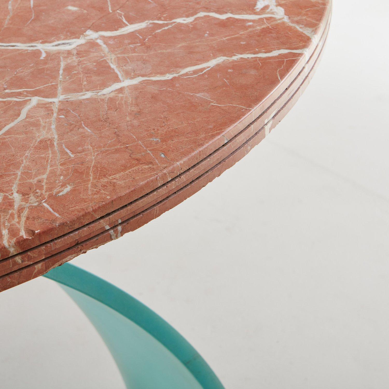 French Rojo Coralito Marble Dining Table with Ribbon Glass Base, France 1980s For Sale