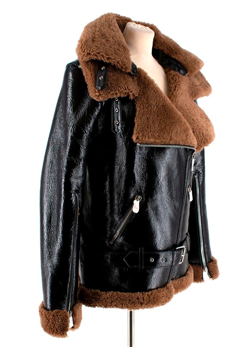 Rokh Black Leather Double Collar Belted Shearling Jacket - Size US6 In New Condition In London, GB