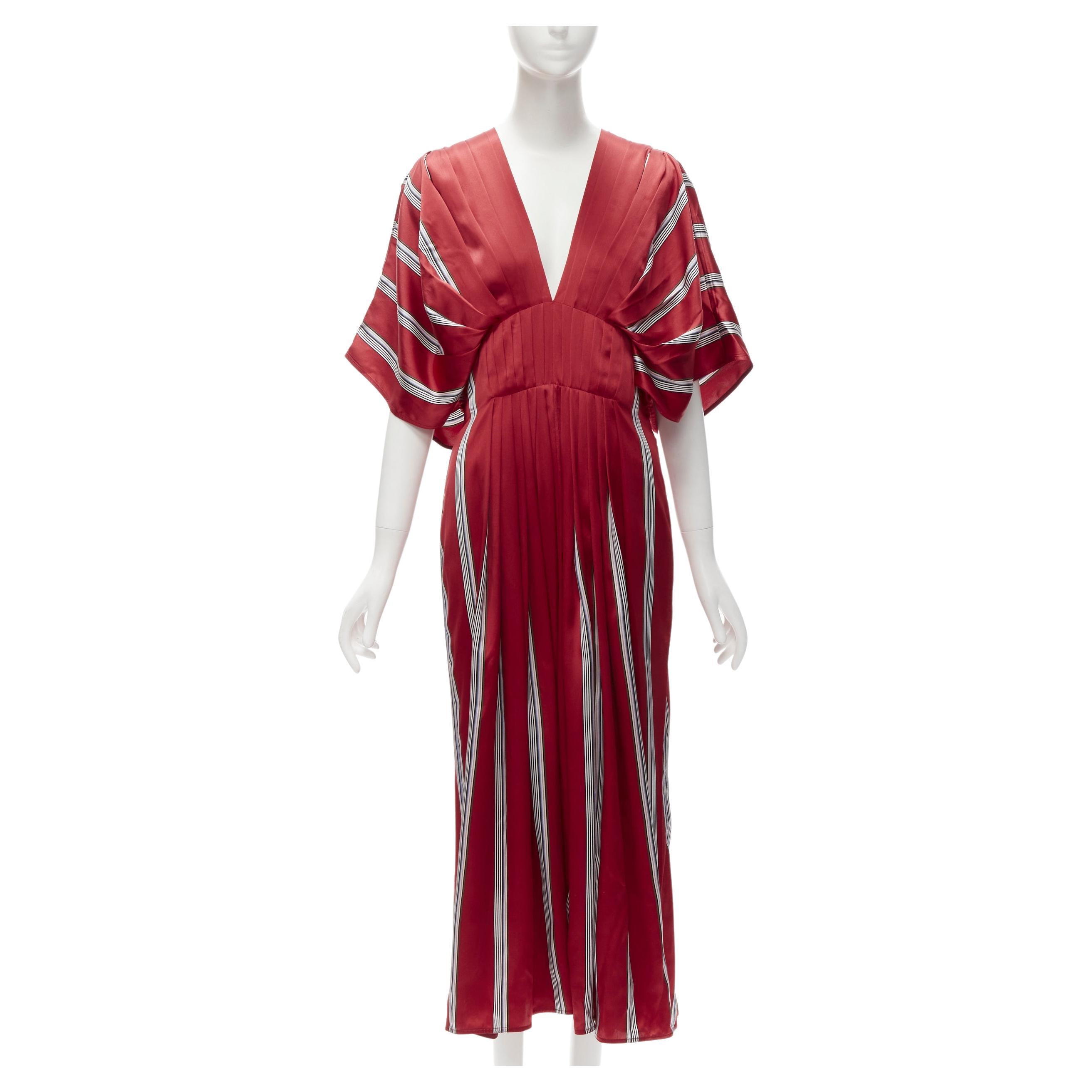ROKSANDA 100% silk red striped pleated plunge knee cinched midi dress UK10  M For Sale at 1stDibs