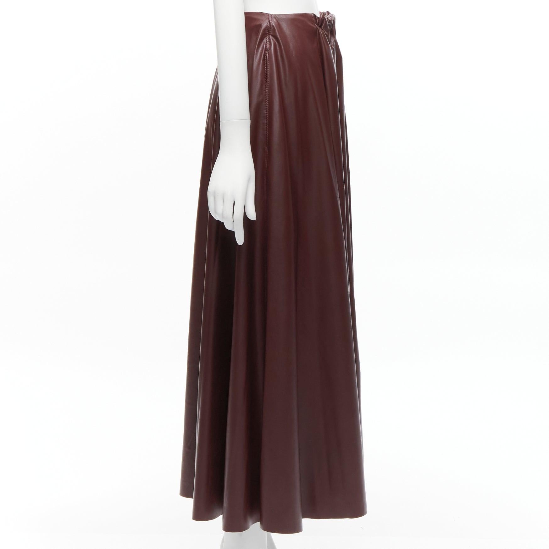 ROKSANDA burgundy faux leather wool lined ruched waist A-line midi skirt UK8 S In Good Condition For Sale In Hong Kong, NT
