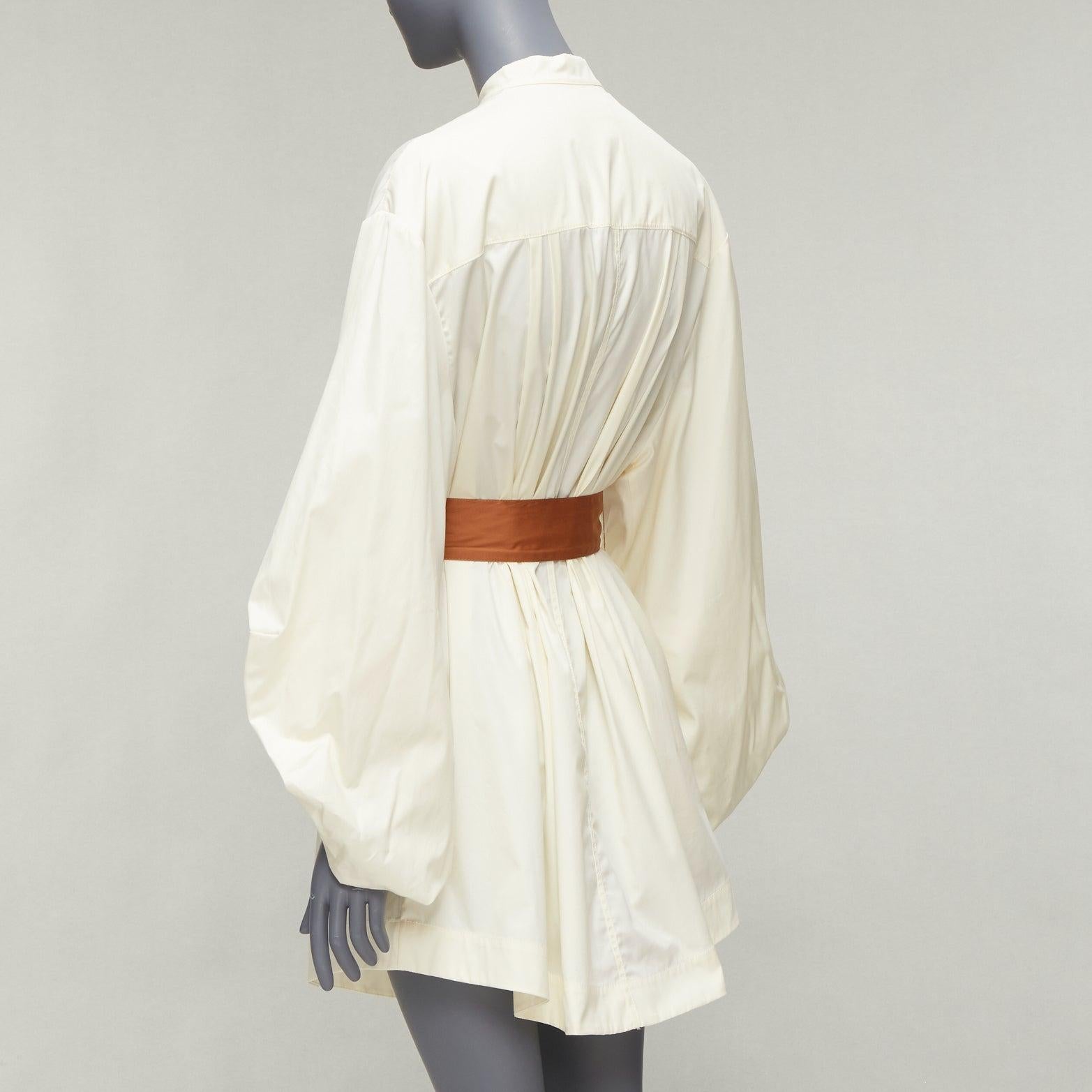 Women's ROKSANDA cream brown 100% cotton puff sleeve cinched belt dress UK 6
