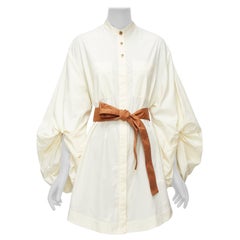 ROKSANDA crema marrón 100% algodón manga abullonada cinturón ceñido vestido UK 6