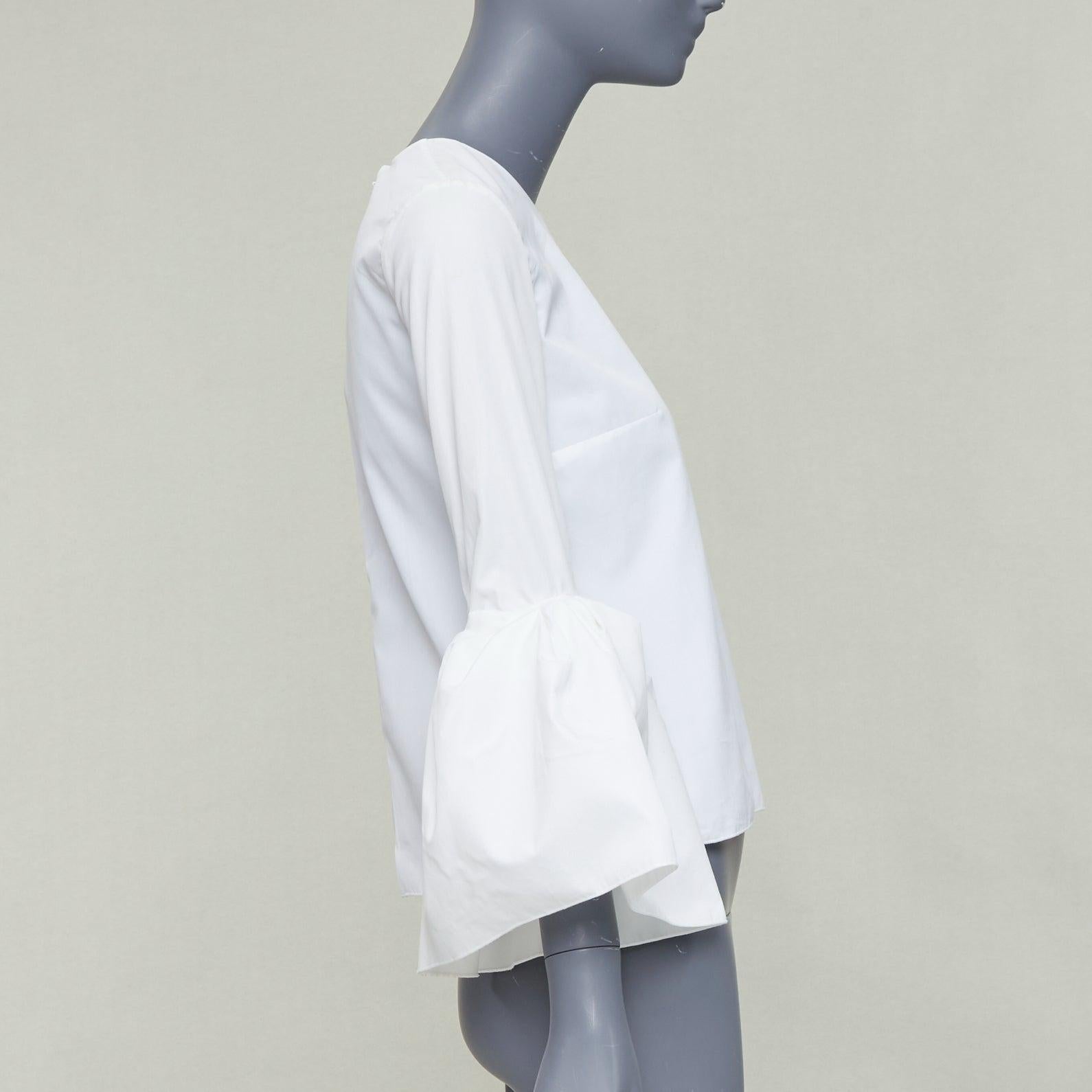 ROKSANDA cream cotton fit flare ruffled cuff fitted crew neck shirt UK6 XS In Good Condition For Sale In Hong Kong, NT
