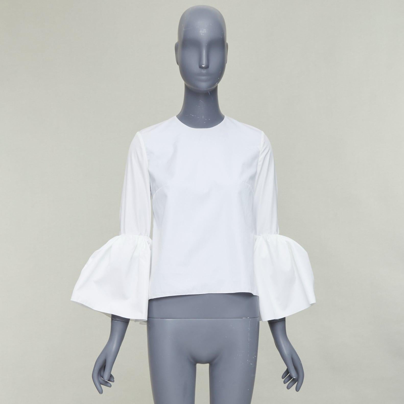 ROKSANDA cream cotton fit flare ruffled cuff fitted crew neck shirt UK6 XS For Sale 4