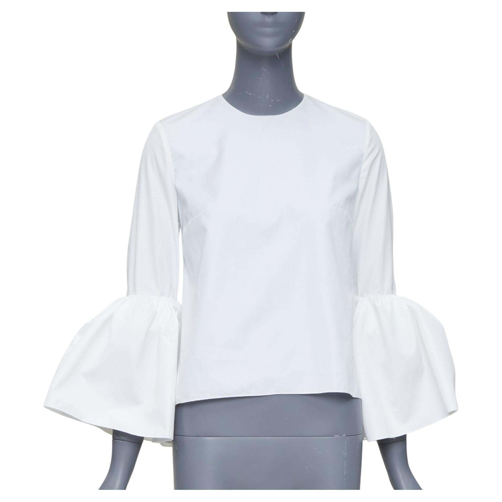 ROKSANDA cream cotton fit flare ruffled cuff fitted crew neck shirt UK6 XS For Sale