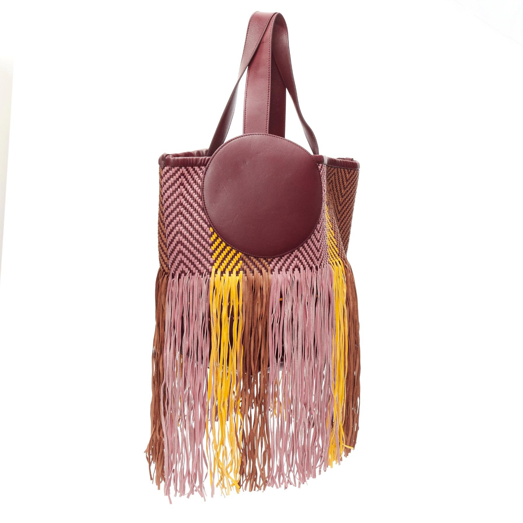ROKSANDA Eider brown burgundy yellow calfskin leather woven fringe tote bag In Good Condition For Sale In Hong Kong, NT