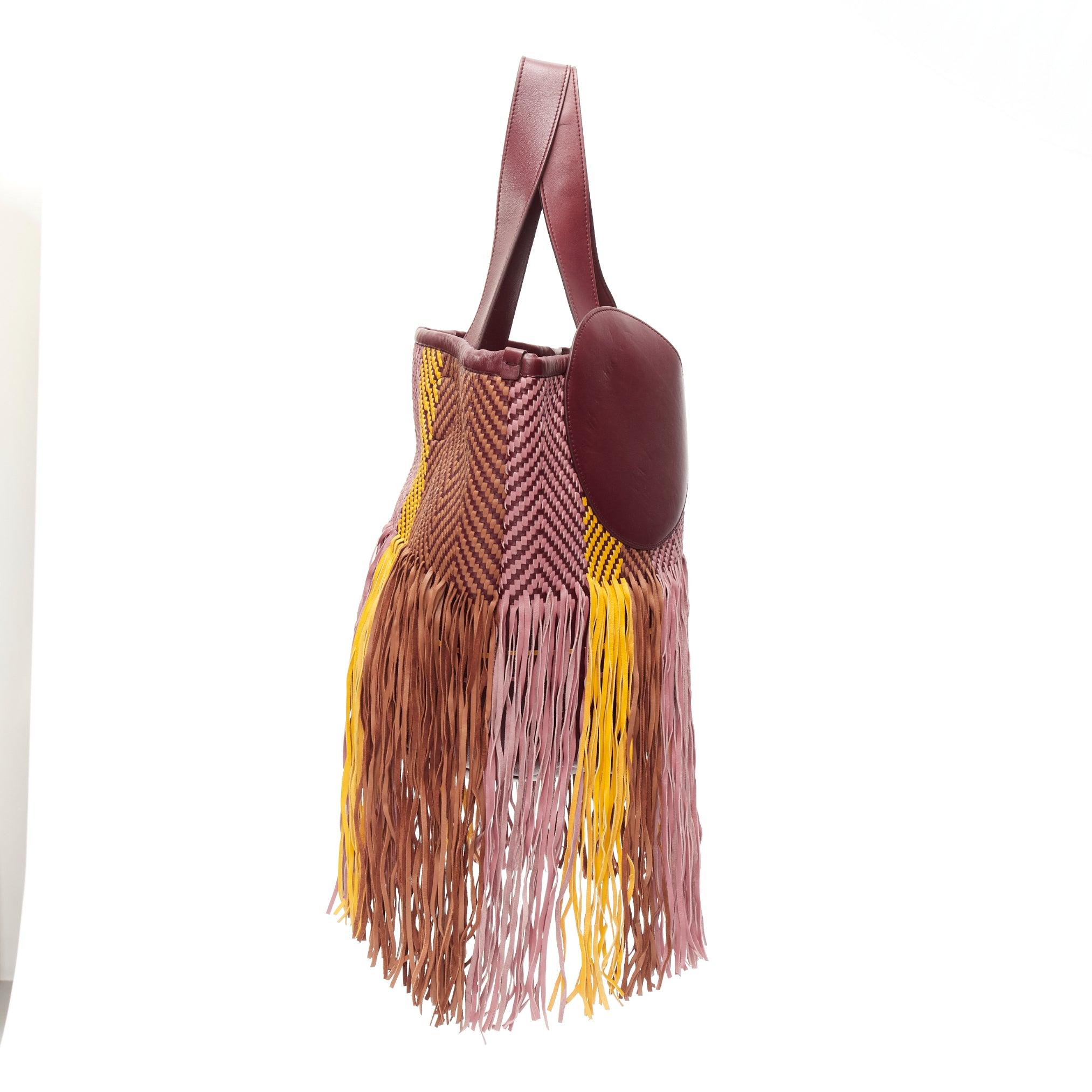 Women's ROKSANDA Eider brown burgundy yellow calfskin leather woven fringe tote bag For Sale