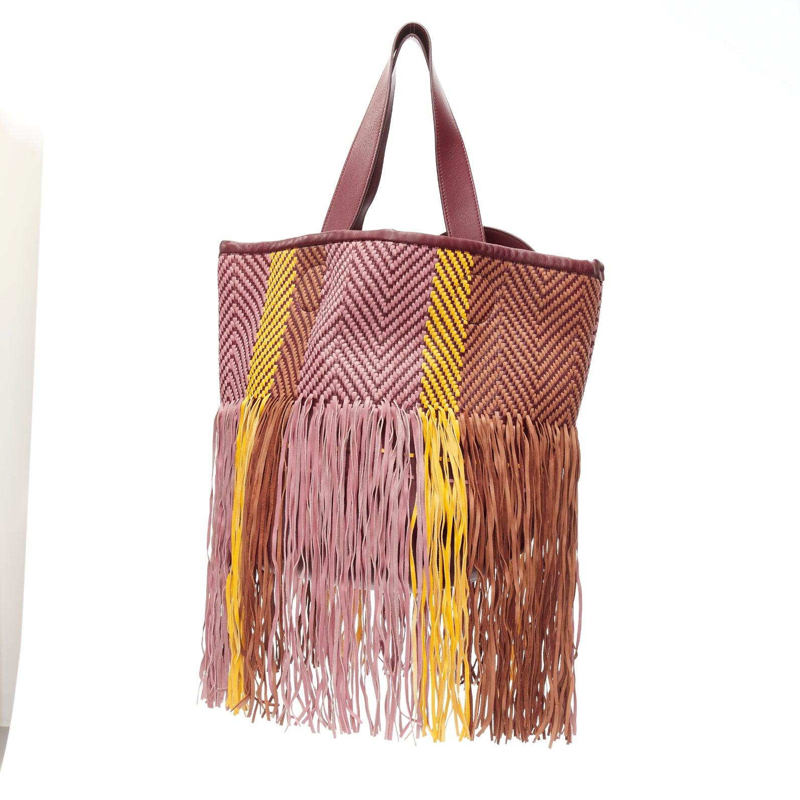 ROKSANDA Eider brown burgundy yellow calfskin leather woven fringe tote bag For Sale 1