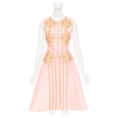 ROKSANDA ILINCIC 2013 robe midi en shantung de soie jaune ornée de cristaux UK10 M