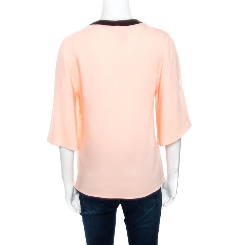 Orange Roksanda Ilincic Peach Crepe Contrast Ribbed Neck Detail Flared Sleeve Top S