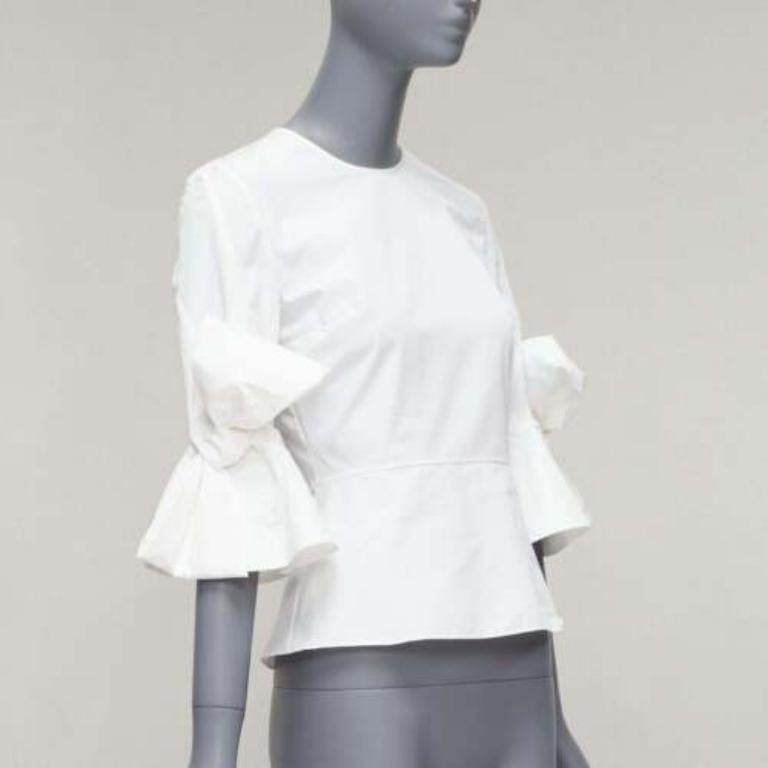 Gray ROKSANDA Kemi white cotton poplin bow cuff flared sleeve peplum top UK6 XS For Sale