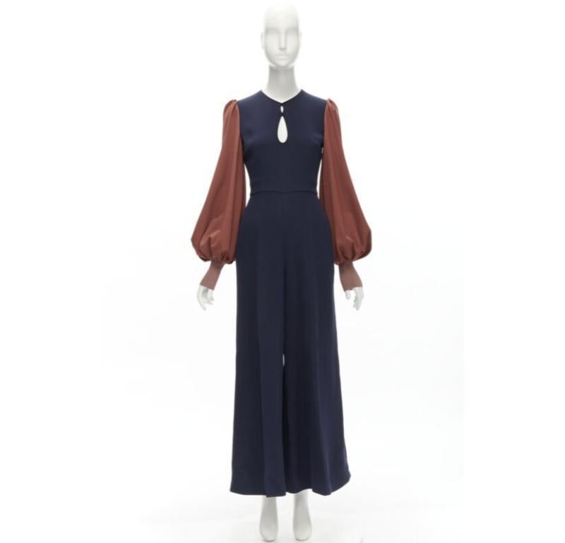 ROKSANDA navy brick red puff sleeve keyhole neckline wide leg jumpsuit UK6 XS For Sale 5