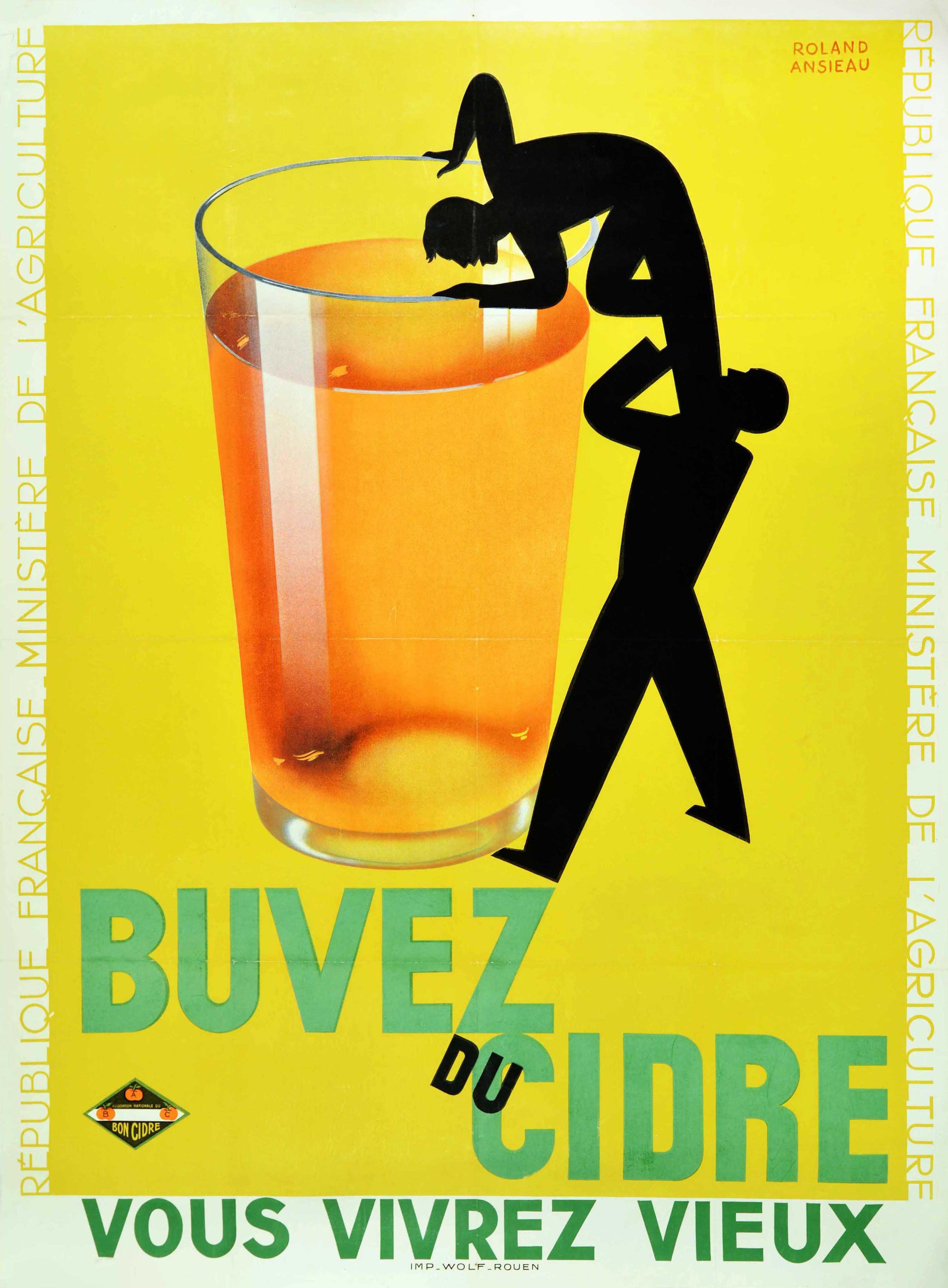 Roland Ansieau Print - Original Vintage Advertising Poster Drink Cider Buvez Du Cidre Vous Vivrez Vieux