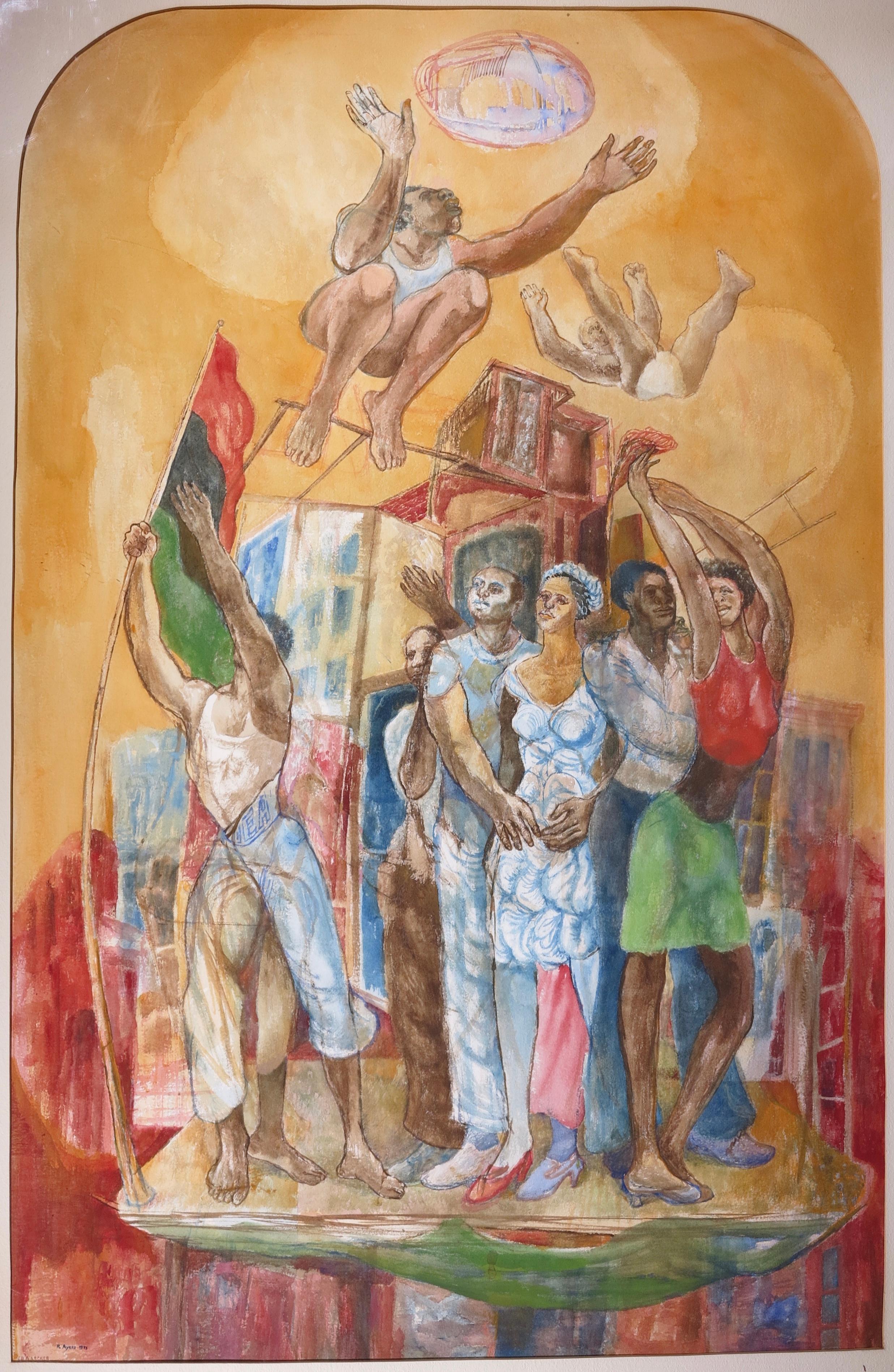 Roland Ayers Figurative Painting - The People (Urban African-American Afrofuturism Landscape)