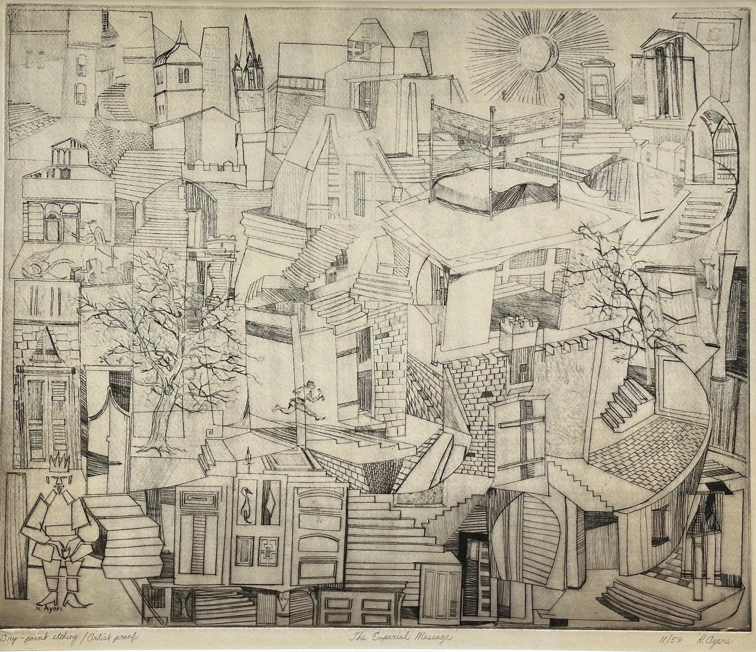 Figurative Print di Roland Ayers - Empirial Message (Artista surrealista nero di Filadelfia)