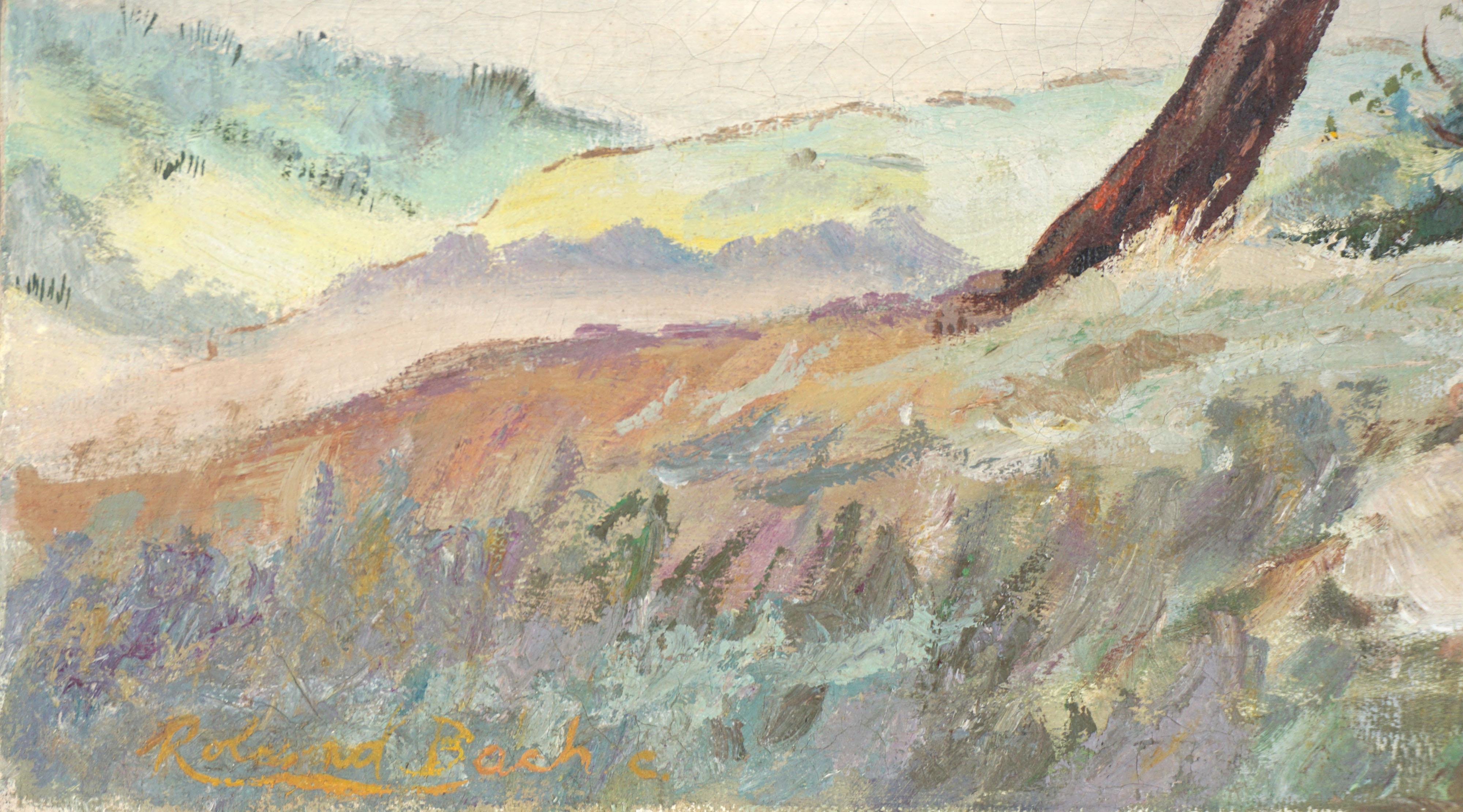Paysage marin du milieu du siècle - Pine Tree in Dunes - Impressionnisme américain Painting par Roland Bach
