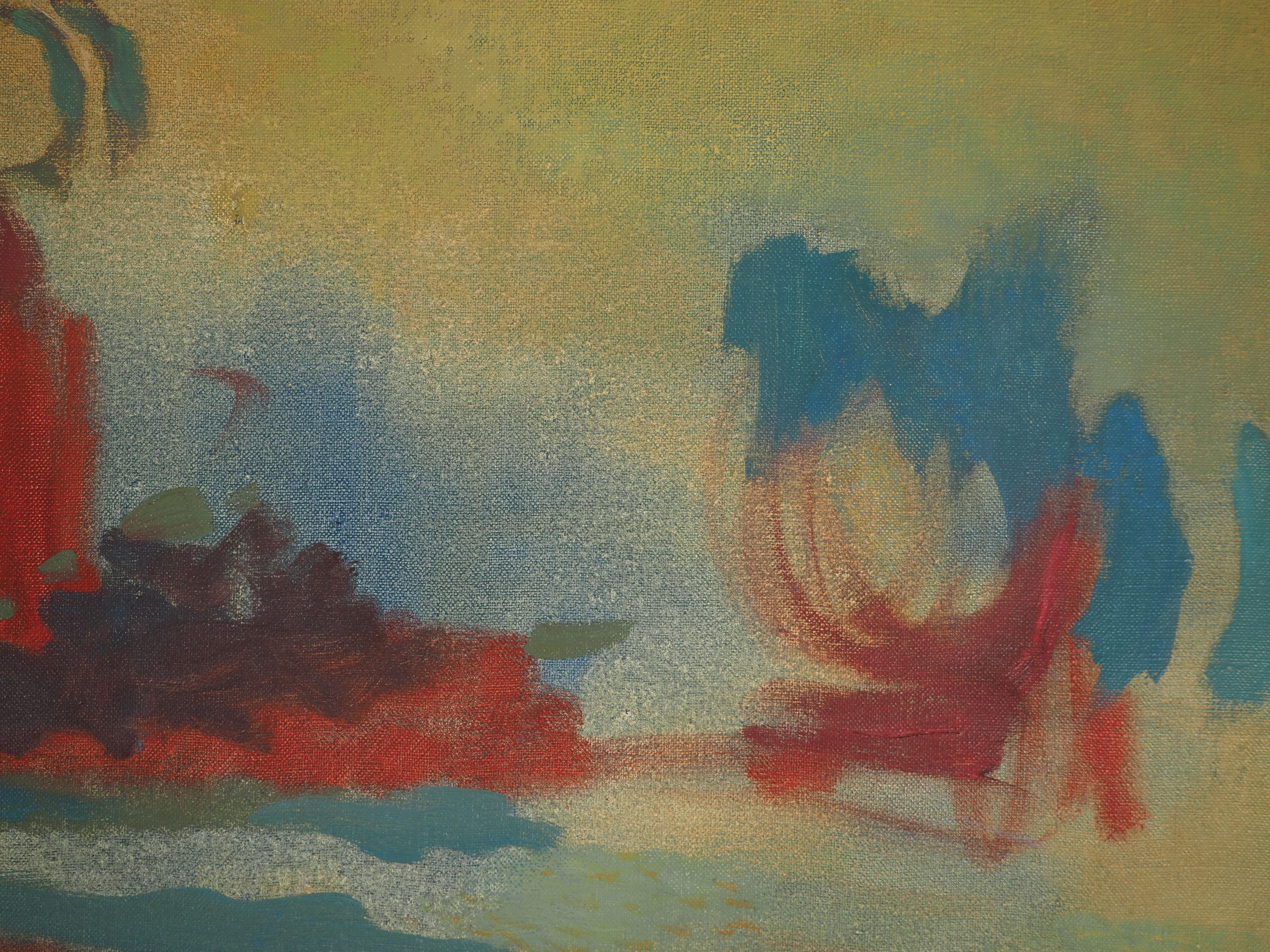 Roland Bierge
Surrealistisches Stilleben, 1968

Original Öl auf Leinwand
Handsigniert in der rechten unteren Ecke
Signiert, datiert und betitelt auf der Rückseite 
Auf Leinwand 54 x 70 cm (ca. 22 x 28 Zoll)
Präsentiert mit einem goldenen Holzrahmen,