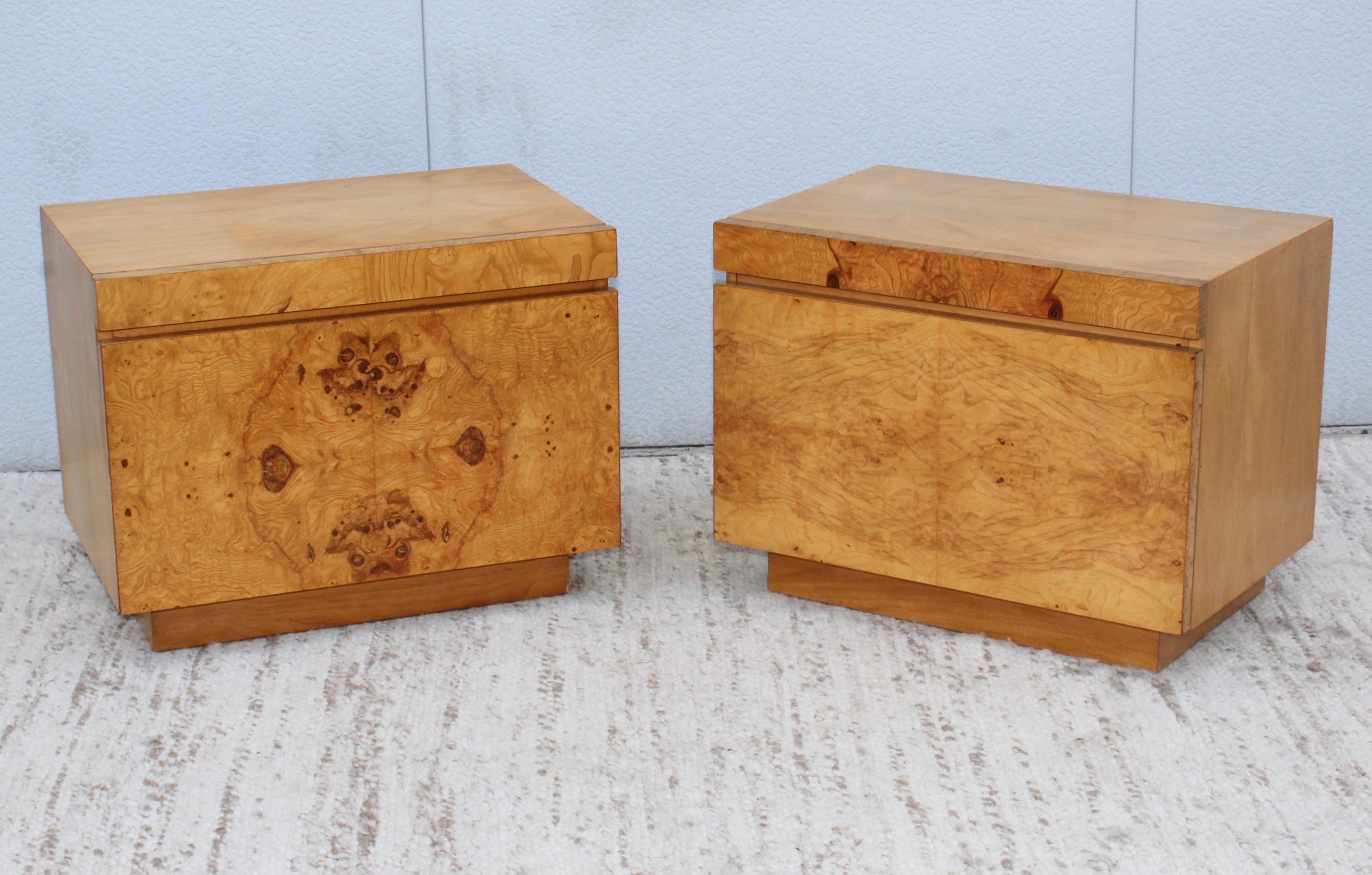 1970s Mid-Century Modern Roland Carter designed for Lane burl wood nightstands.