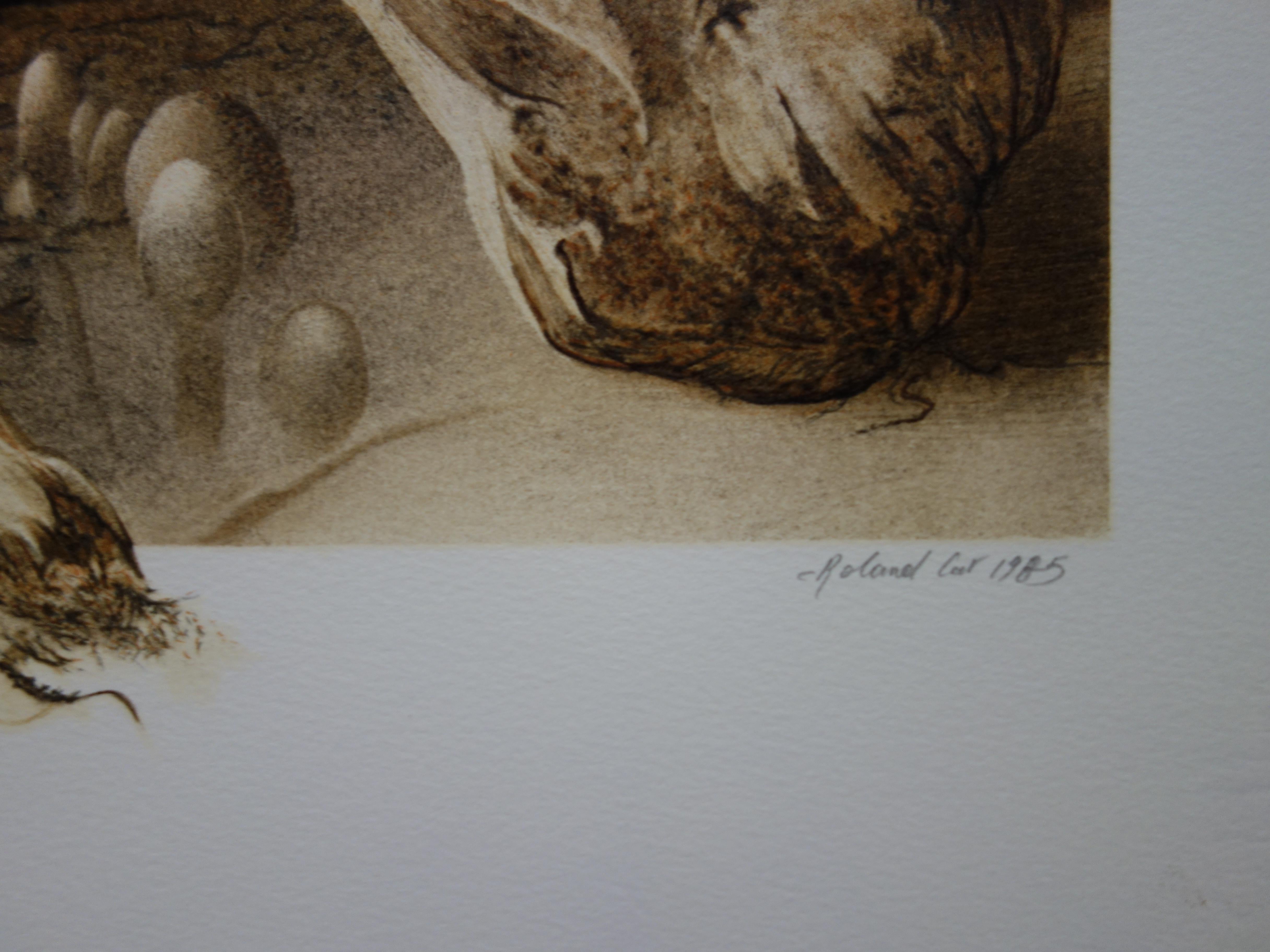 Bicycles and Mushrooms - Original handsigned lithograph - Print by Roland Cat