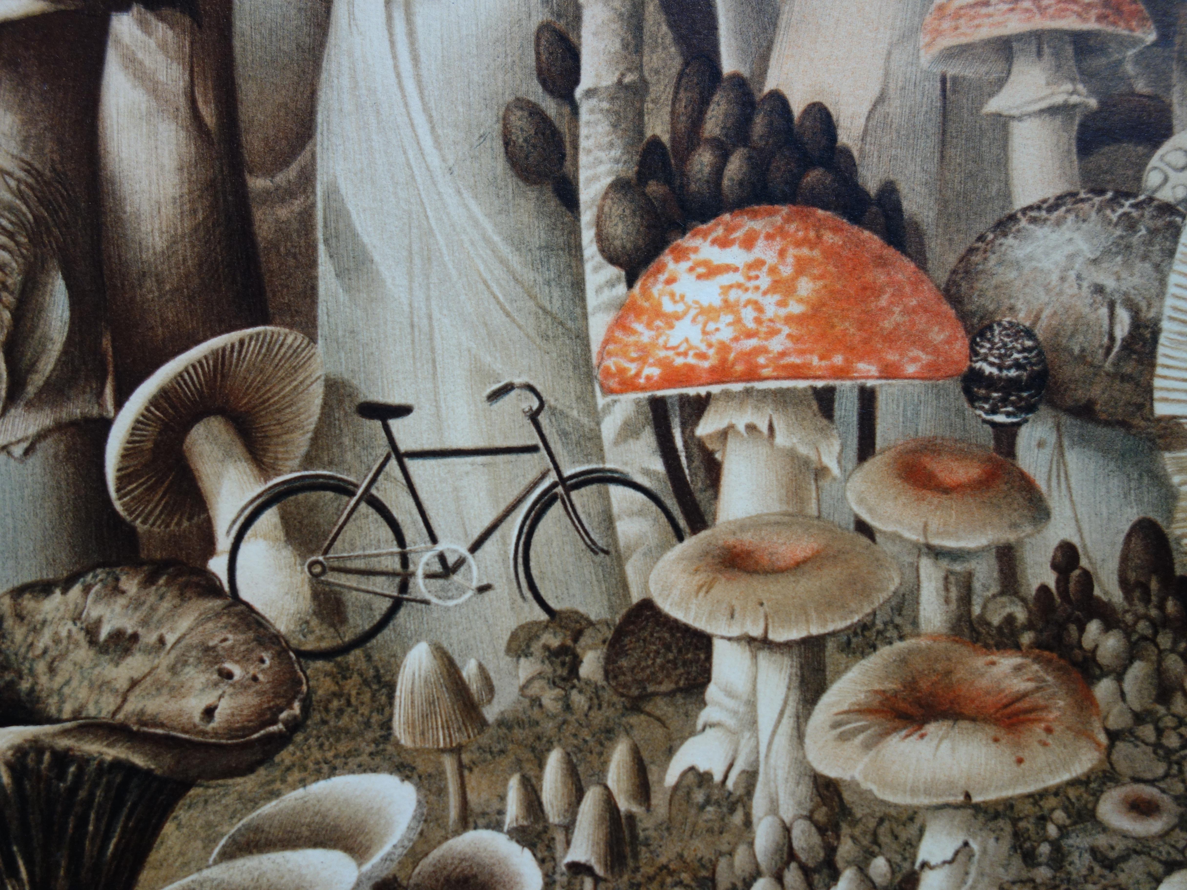 Bicycles and Mushrooms - Original handsigned lithograph - Gray Figurative Print by Roland Cat