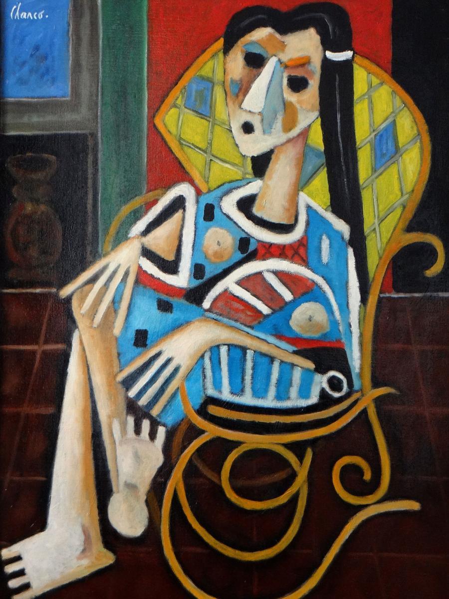 Roland Chanco Figurative Painting - Roland CHANCO (1914-2017), Painting "Women with Rocking Chair", 1975