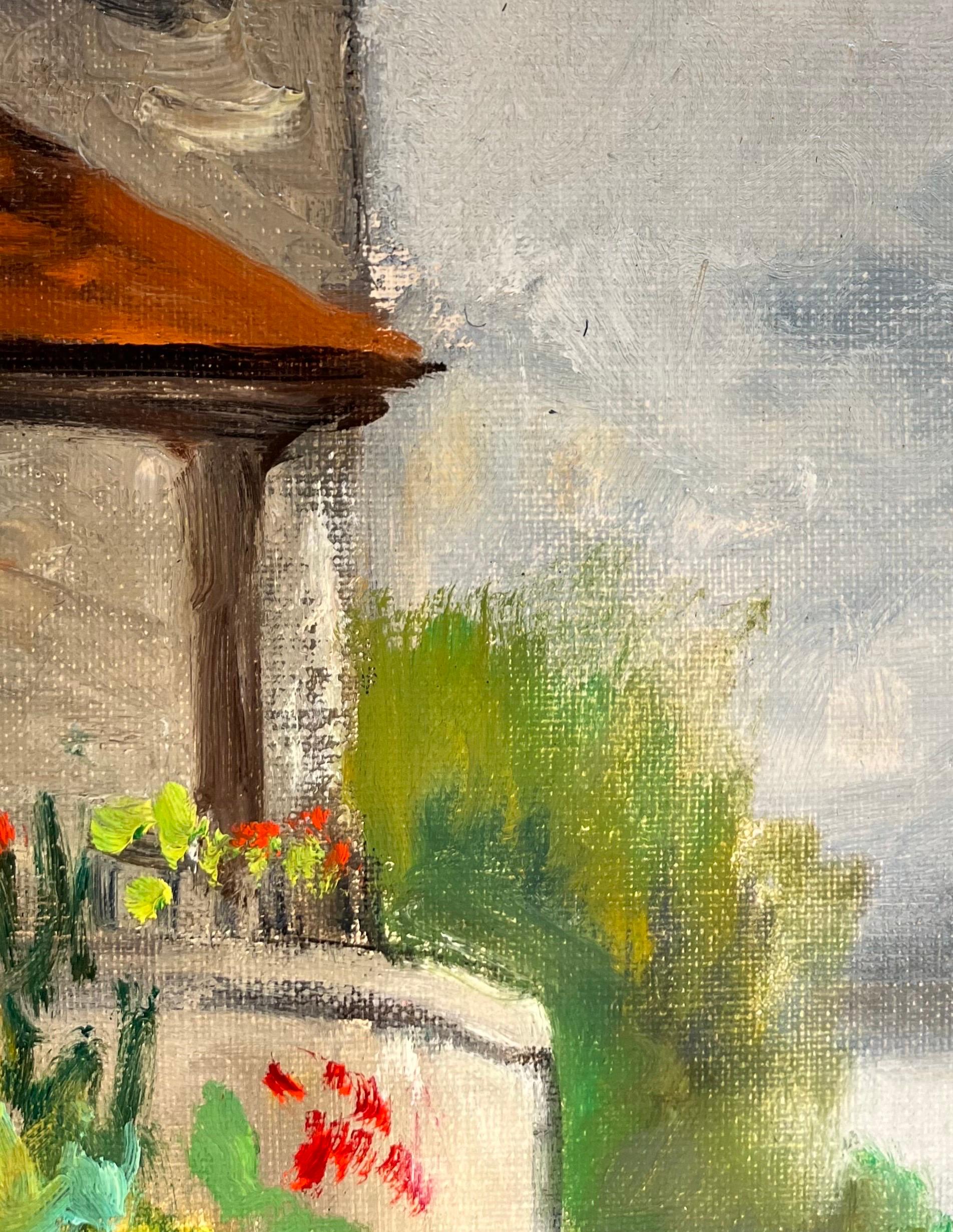 „Bell Tower“ von Roland Coudon – Öl auf Leinwand – 55x42 cm (Braun), Landscape Painting, von Roland Coudan