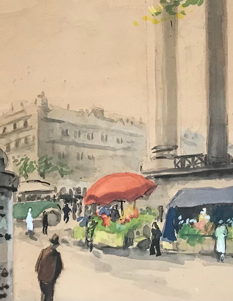 Petit marché parisien - Marron Landscape Painting par Roland Coudon