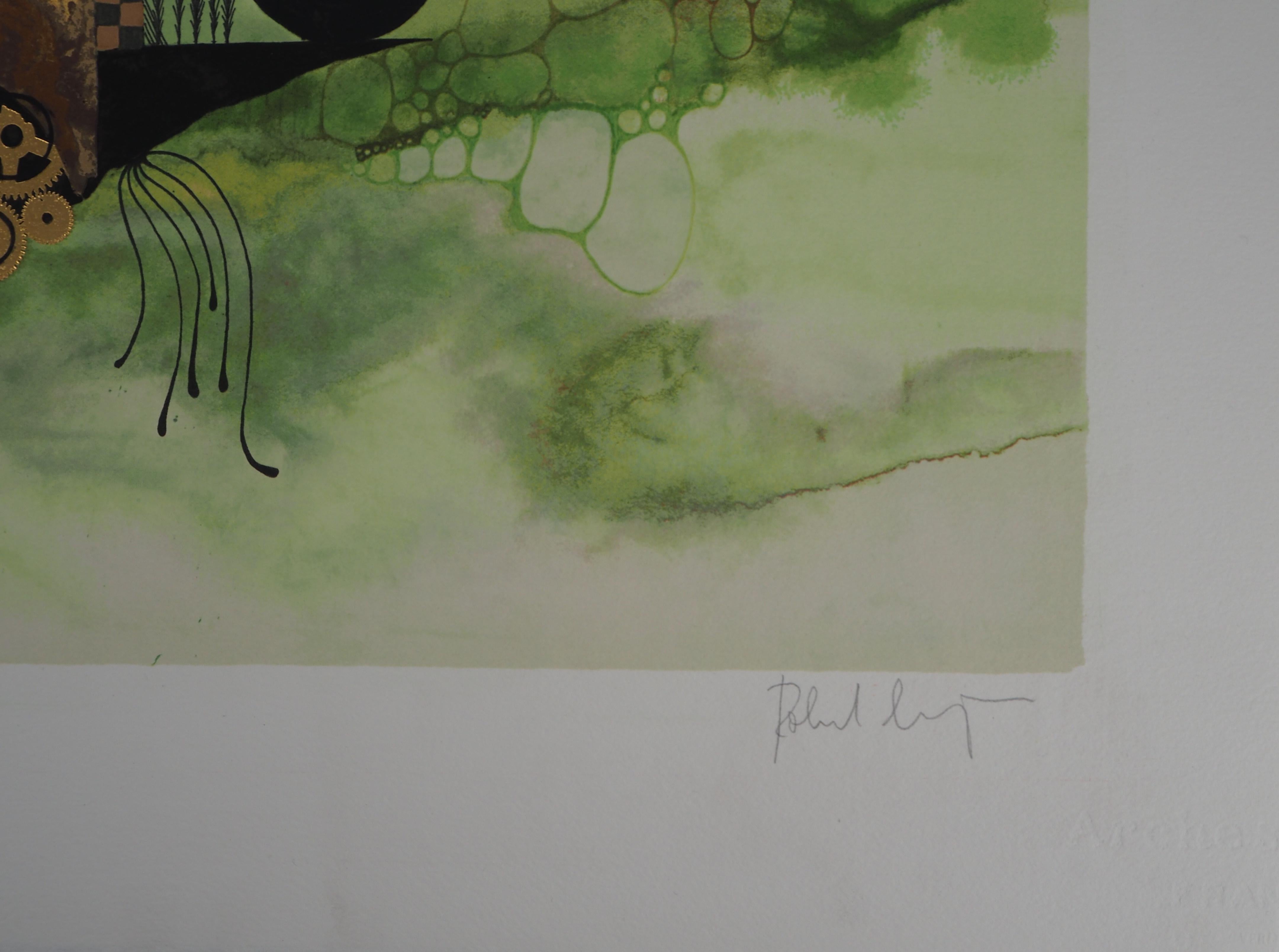 Triumph of the Surreal Moon - Handsigned Original Lithograph - Print by Roland Cucej