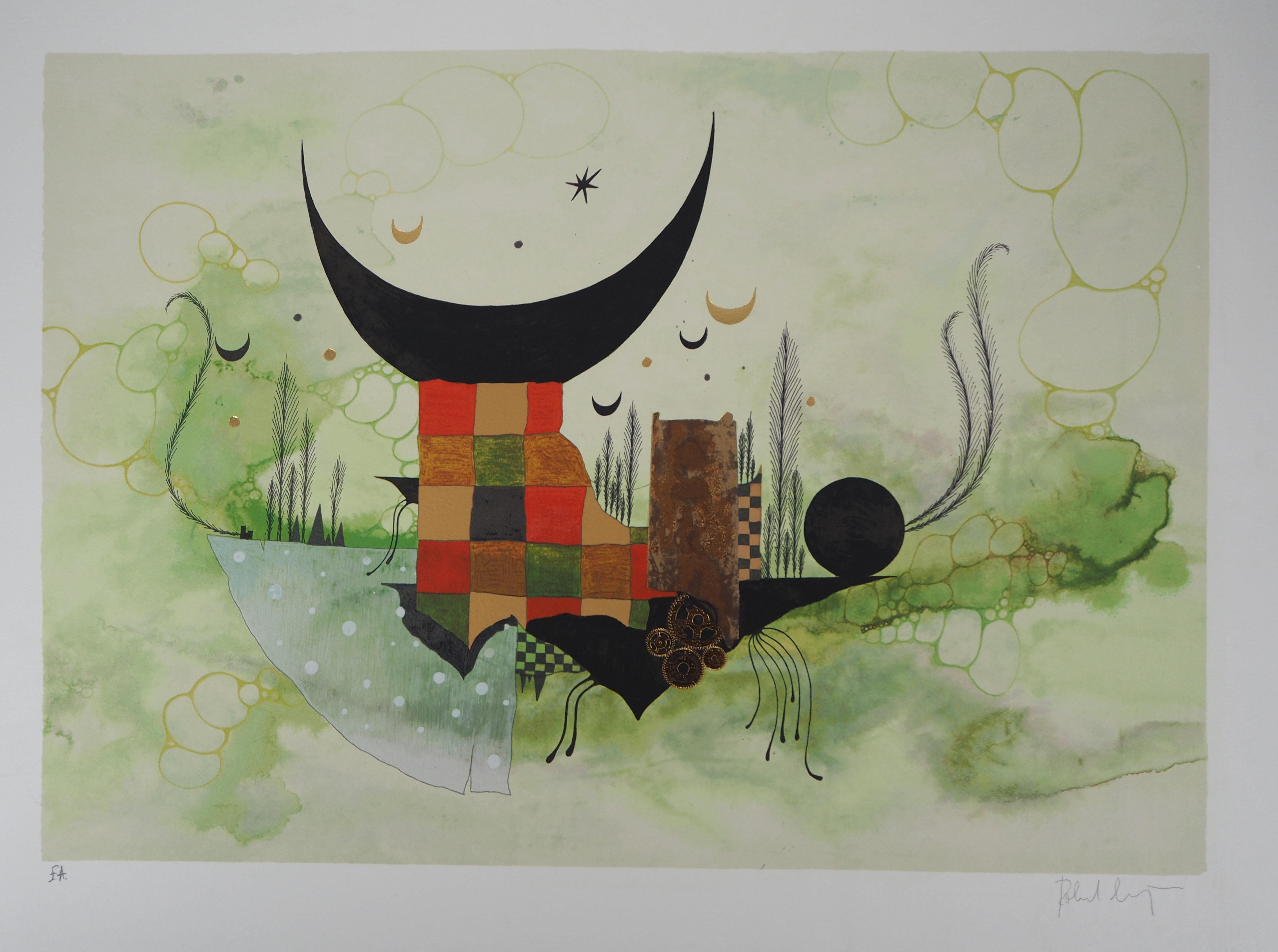 Triumph of the Surreal Moon - Handsigned Original Lithograph - Surrealist Print by Roland Cucej