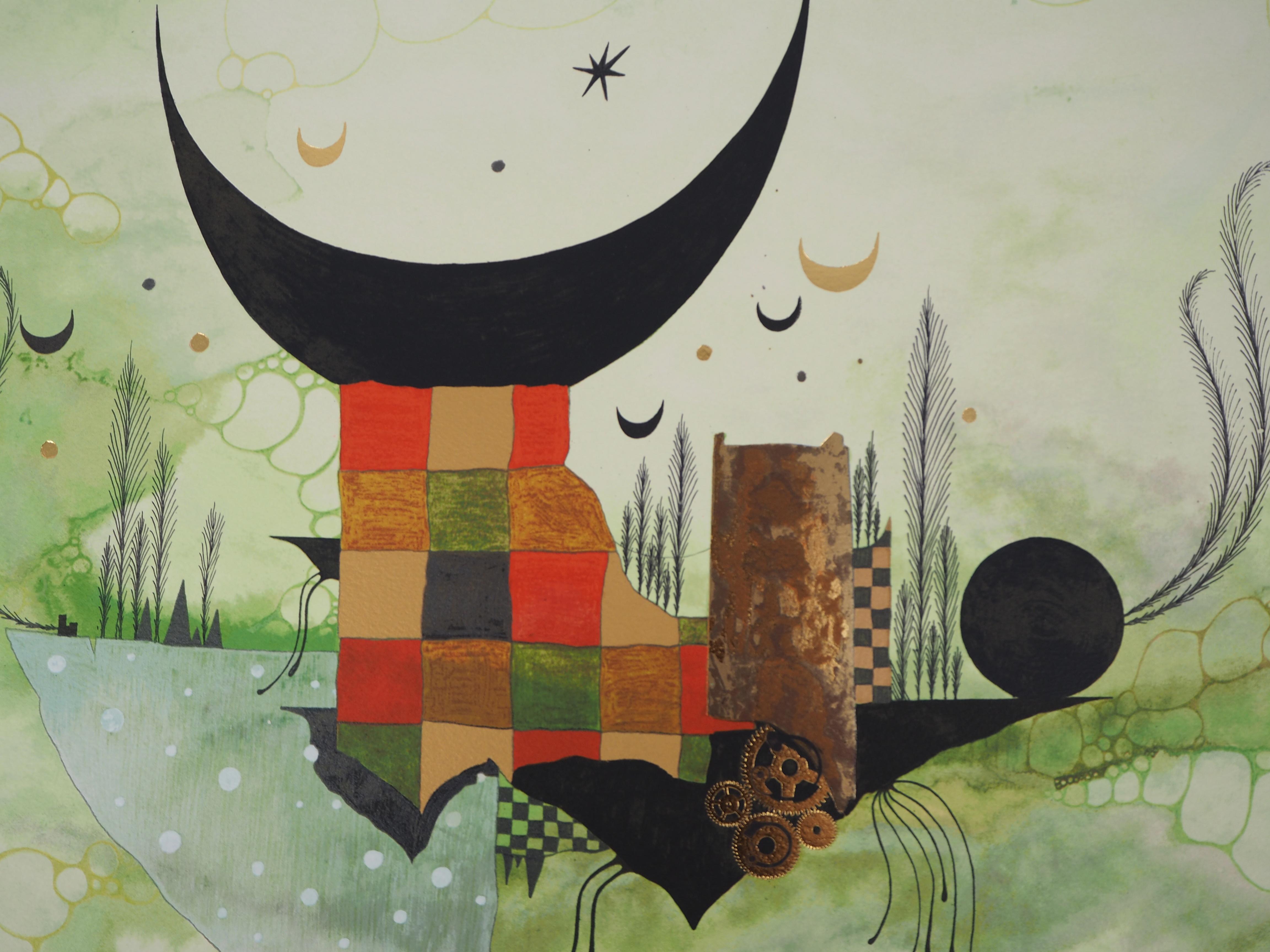 Triumph of the Surreal Moon - Handsigned Original Lithograph - Gray Abstract Print by Roland Cucej