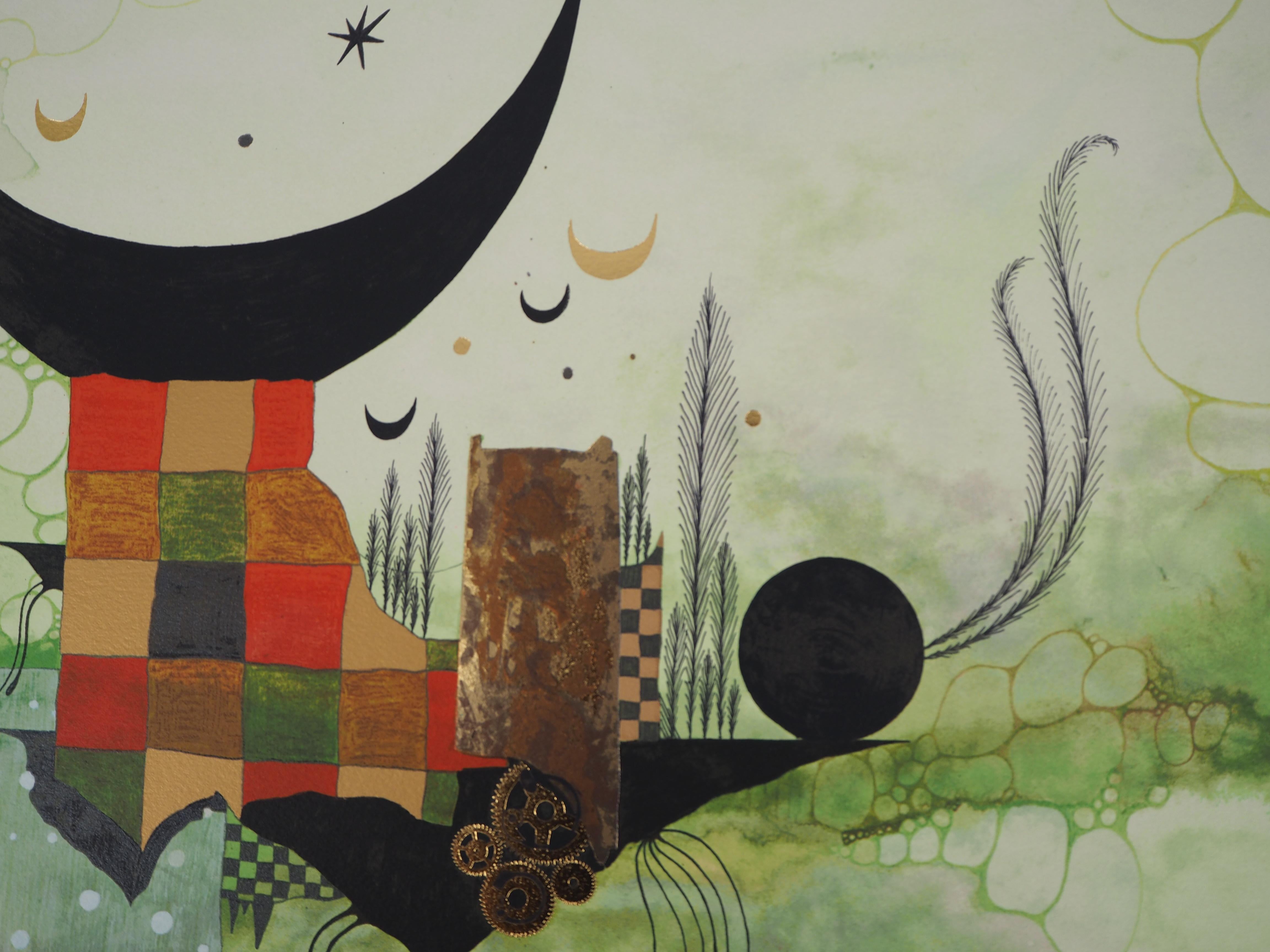 Roland CUCEJ (1958-)
Triumph of the Surreal Moon

Original lithograph with gold leaf embossing
Handsigned in pencil
On vellum 57 x 74 cm (c. 22.44 x 29.13 inch)

Excellent condition