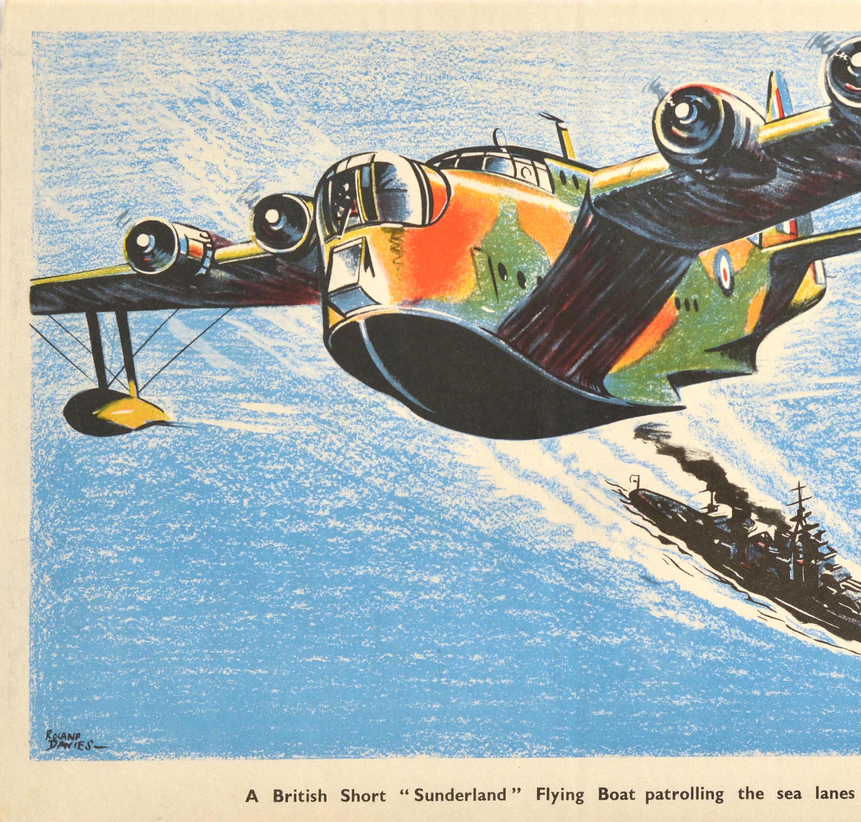 Poster di guerra originale d'epoca British Short Sunderland Flying Boat WWII RAF Navy - Print Blu di Roland Davies