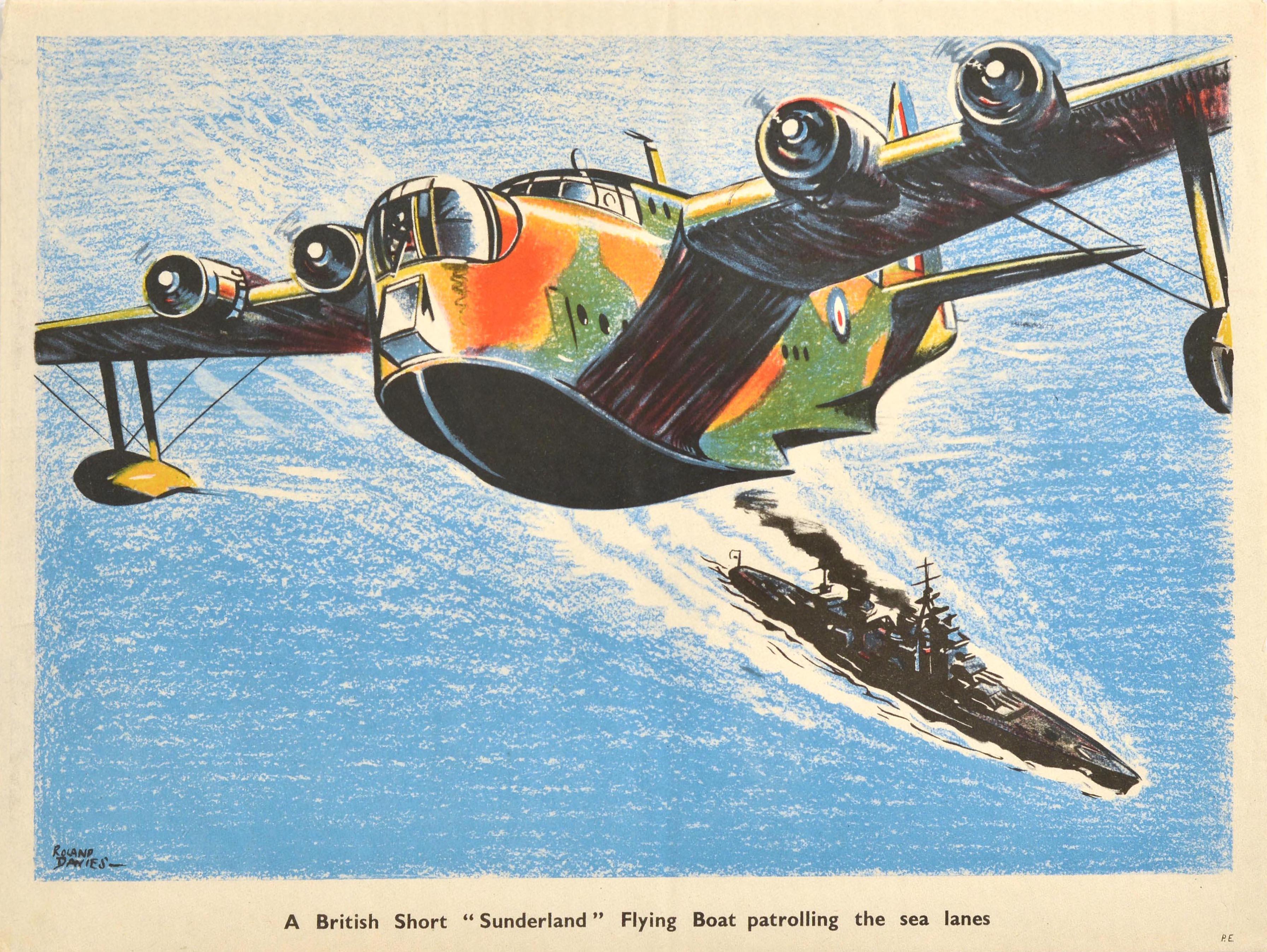 Roland Davies Print - Original Vintage War Poster British Short Sunderland Flying Boat WWII RAF Navy