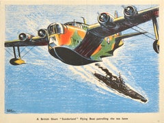 Poster di guerra originale d'epoca British Short Sunderland Flying Boat WWII RAF Navy
