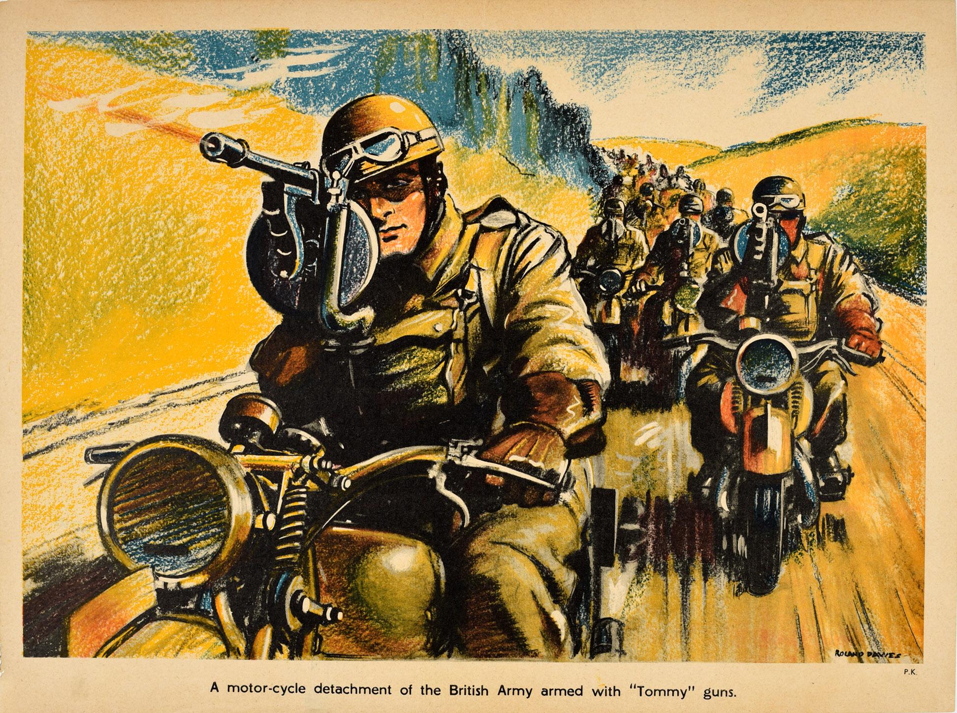 Roland Davies Print - Original Vintage WWII Poster Tommy Guns British Army Motorcycle Reconnaissance