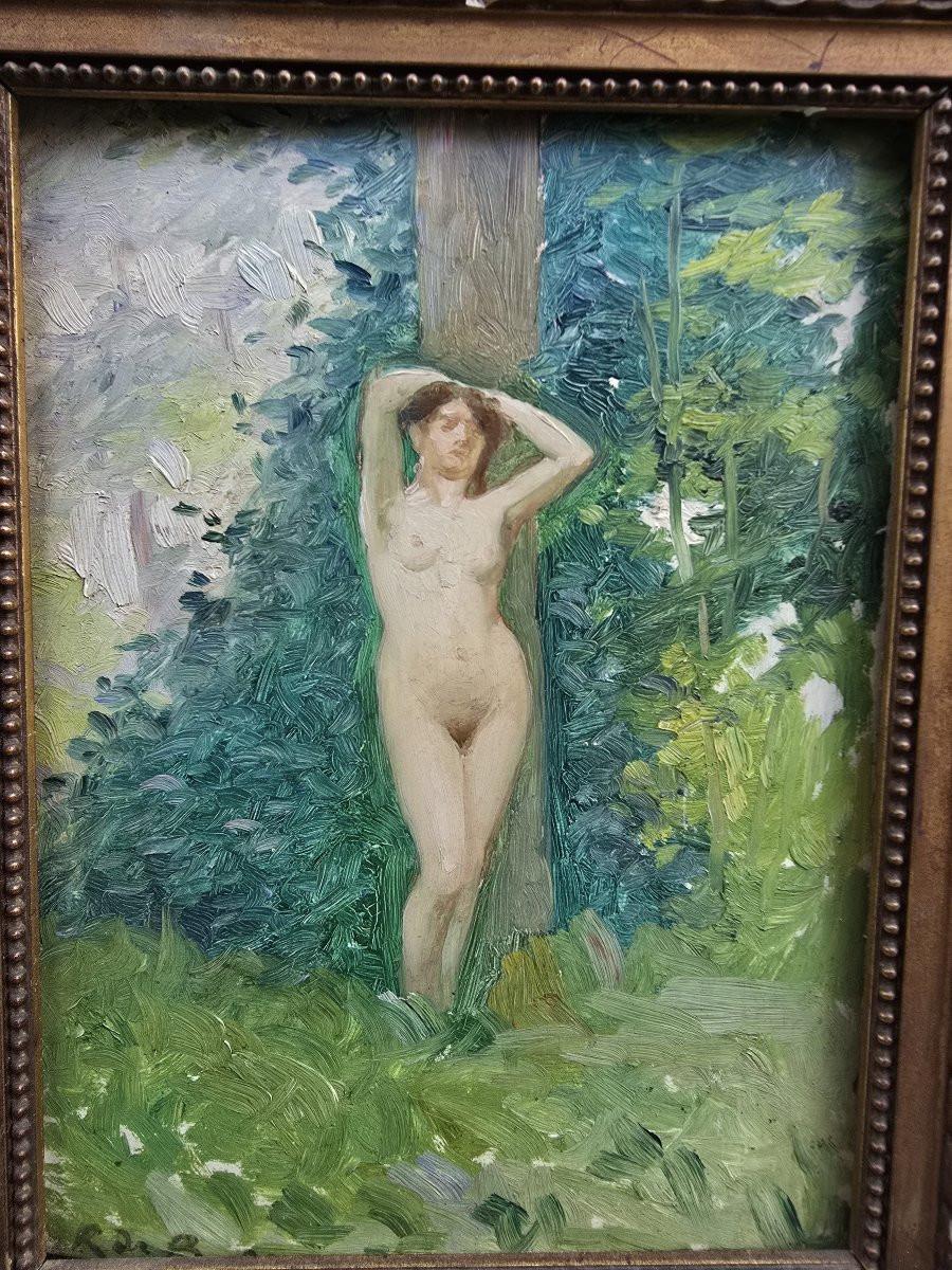Roland De Baere - Akt in einer Waldlandschaft, Öl auf Platte (Moderne) im Angebot