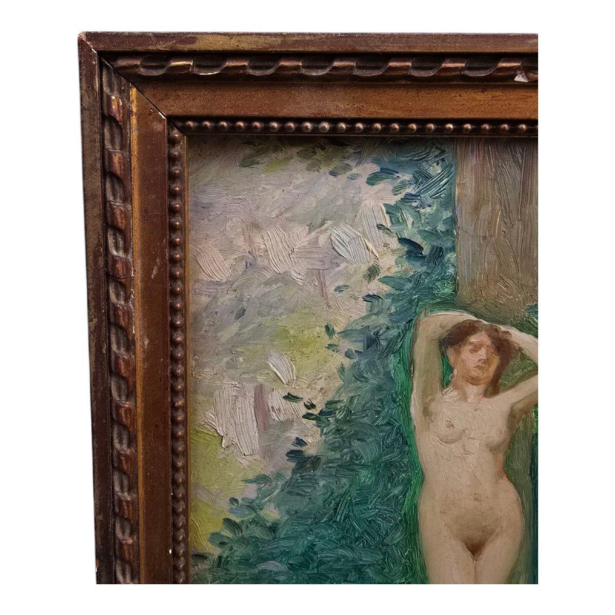 Roland De Baere - Akt in einer Waldlandschaft, Öl auf Platte (Belgisch) im Angebot
