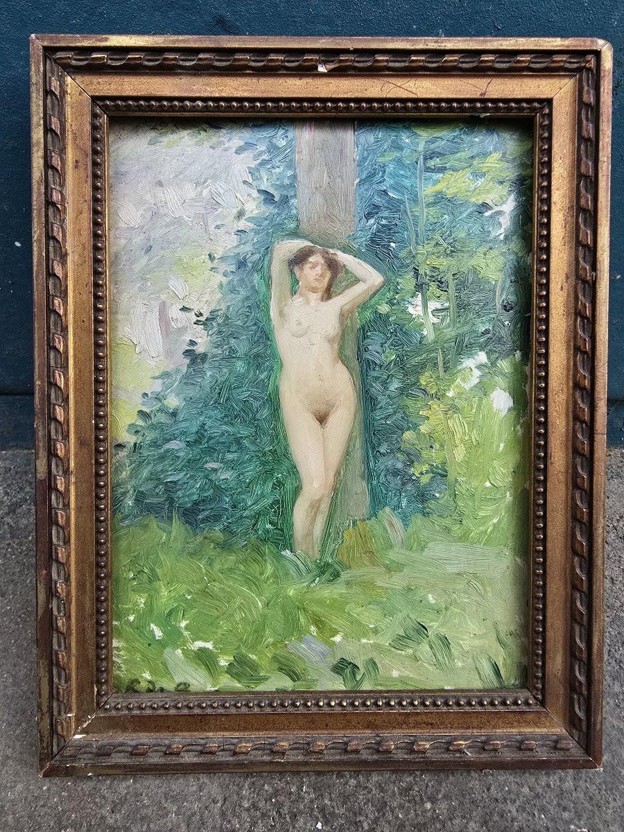 Roland De Baere - Akt in einer Waldlandschaft, Öl auf Platte (Handbemalt) im Angebot