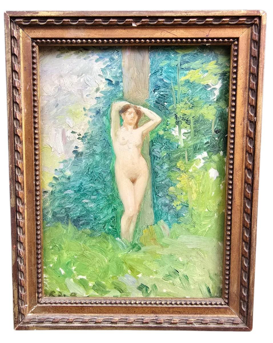 Roland De Baere - Akt in einer Waldlandschaft, Öl auf Platte (Leinwand) im Angebot