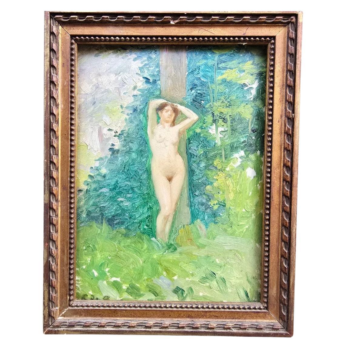 Roland De Baere - Nudo in un paesaggio forestale, olio su pannello